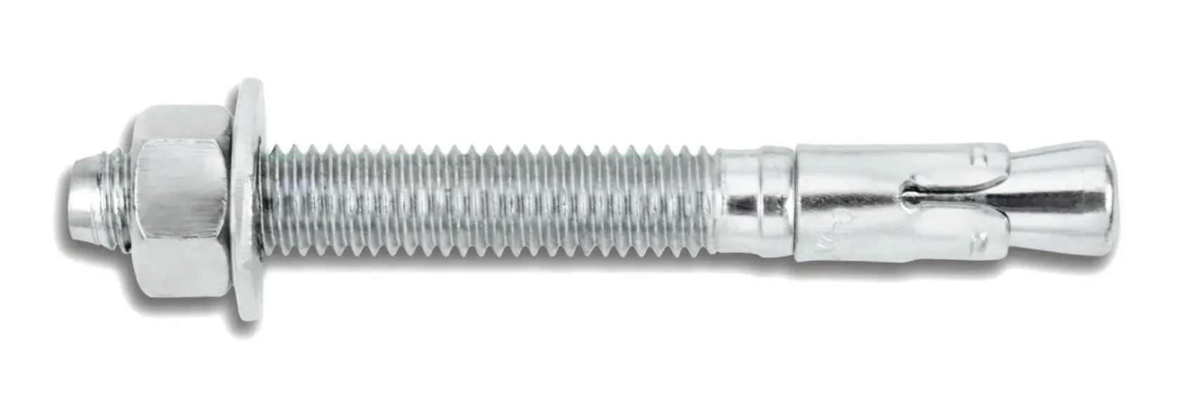 A metal anchor bolt with nut and washer, used for secure fixing in concrete or masonry surfaces.