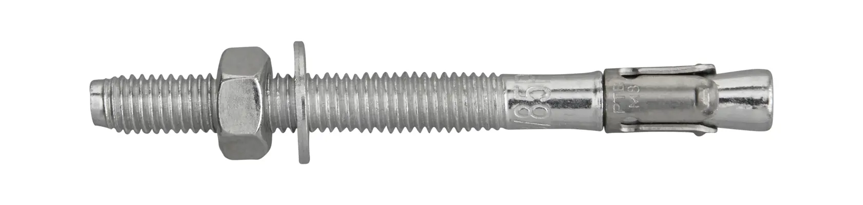 Single metal anchor bolt with nut and washer shown on white background.