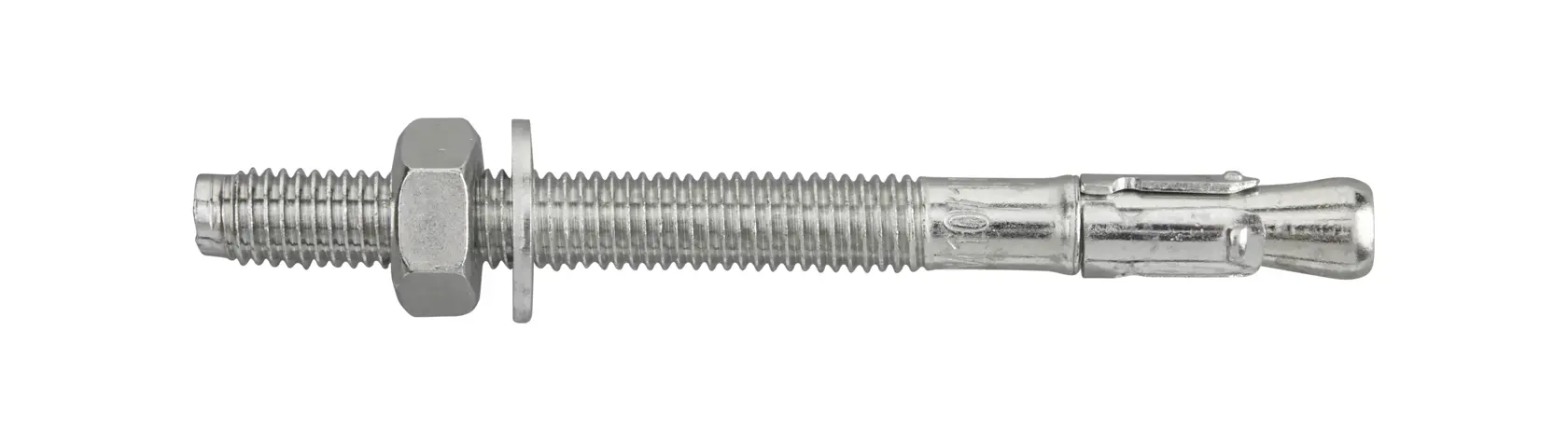 Metal anchor bolt with nut and washer for secure fastening, shown on white background.