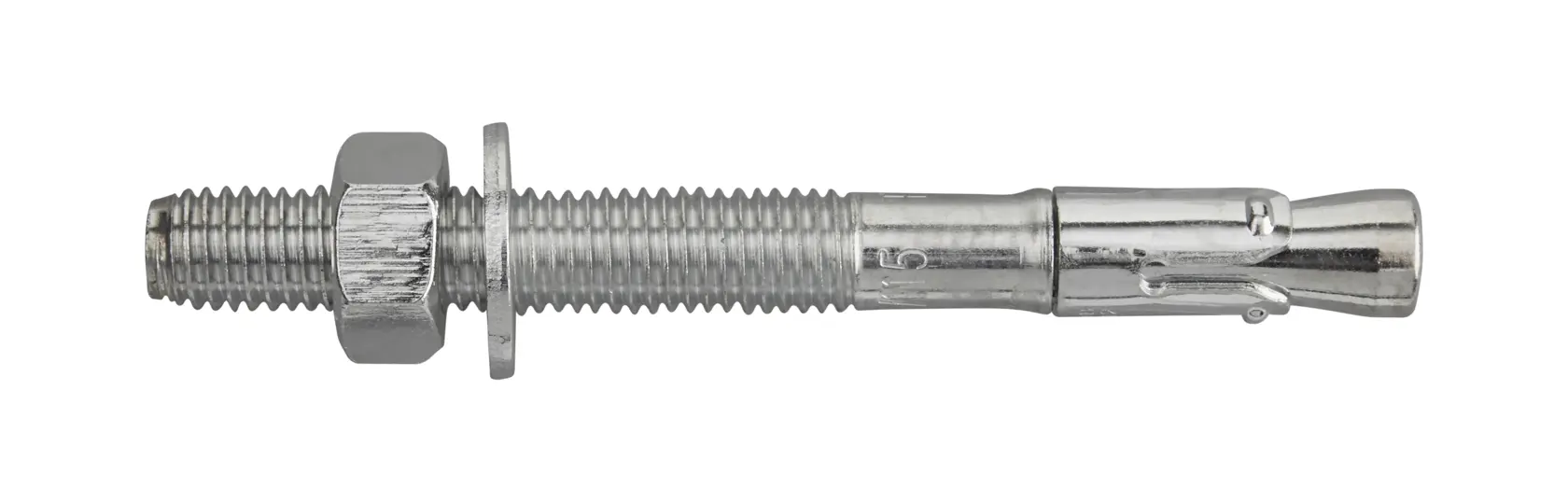 Metal expansion bolt with nut and washer, used for securing items to concrete or masonry surfaces.