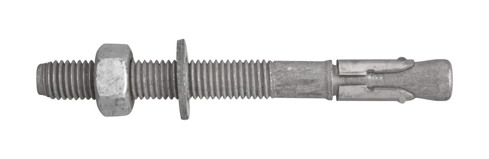 Metal wedge anchor bolt with nut and washer, used for concrete or masonry fastening.