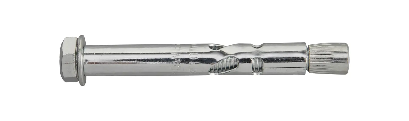 Metal expansion anchor bolt for secure fixing in concrete or masonry surfaces.