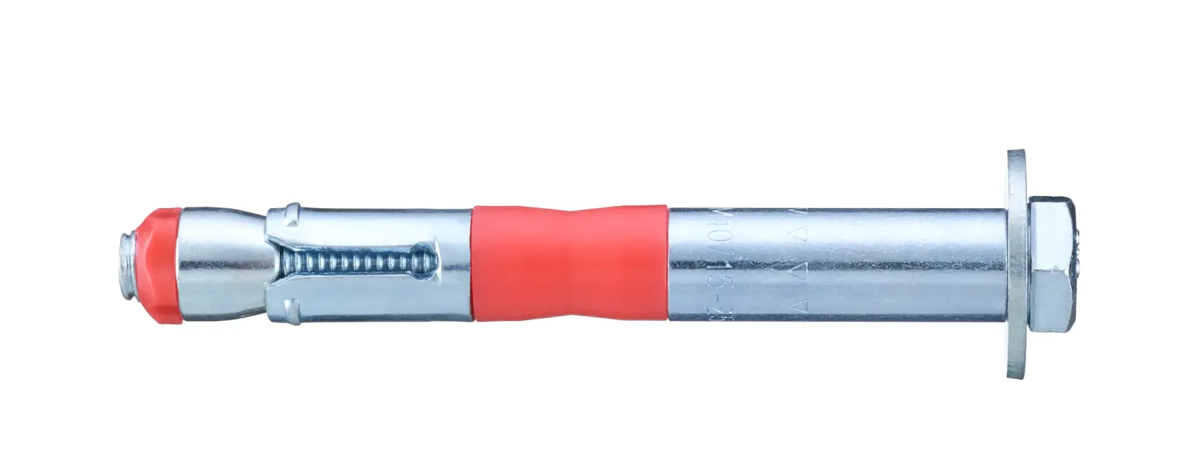 Metal anchor bolt with red plastic sleeve, hex nut and washer for secure fixings in masonry and concrete.