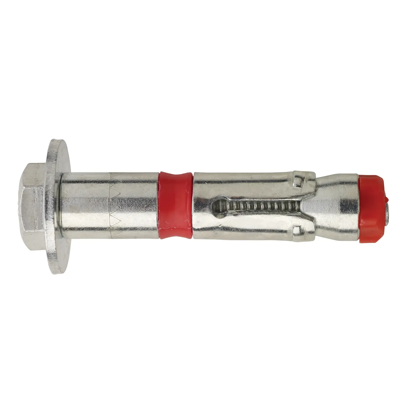 A close-up image of a metal expansion bolt with red accents, used for anchoring into concrete or masonry. The bolt features a hex-head and washer on one end.