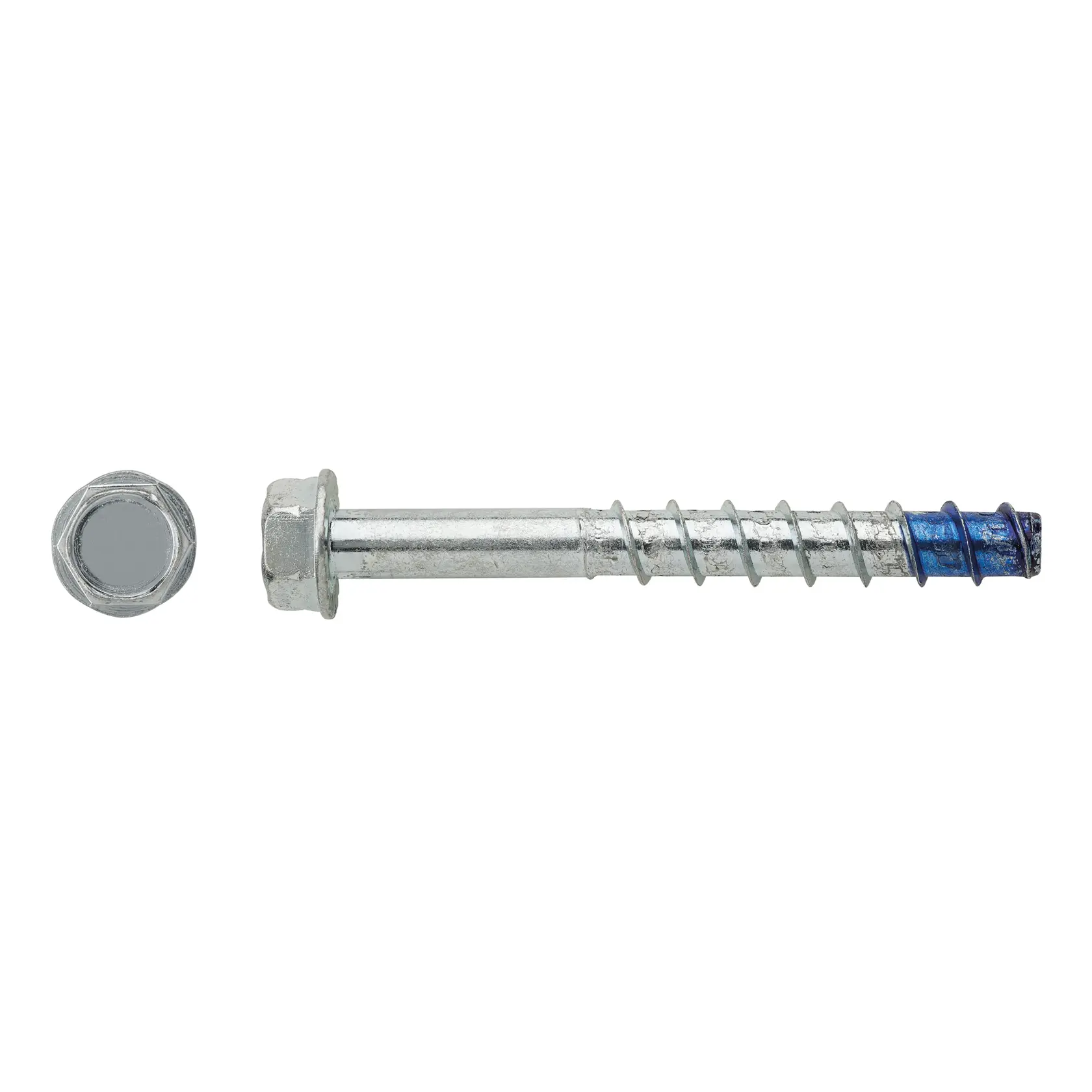 Metal hex head concrete screw anchor shown from side and top view, used for secure fixing in construction.