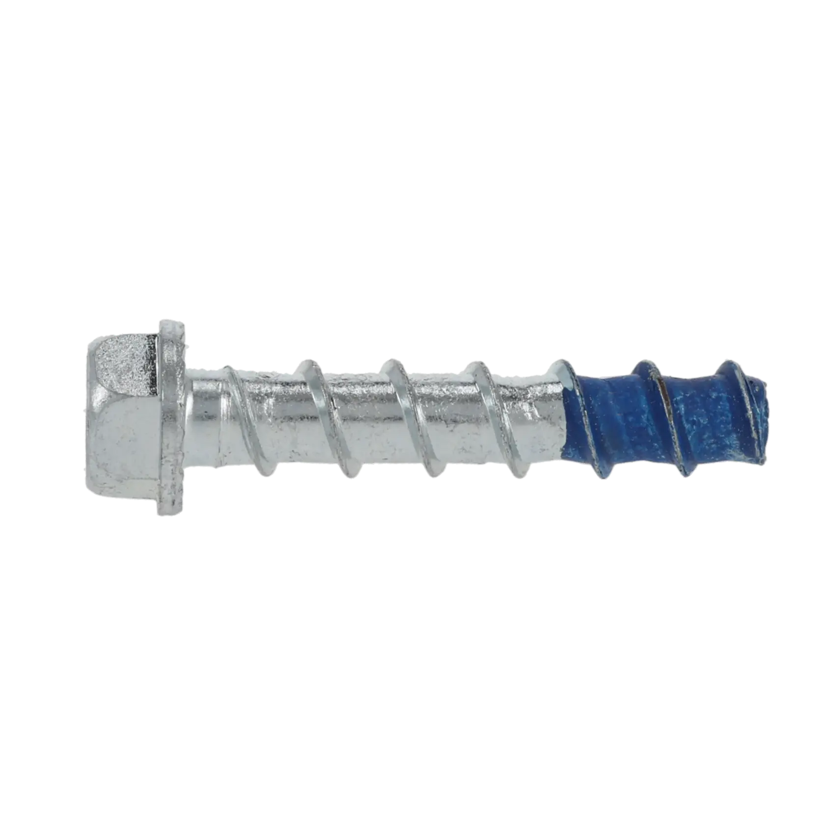 Metal hex-head concrete screw with blue-coated tip, shown against a white background.