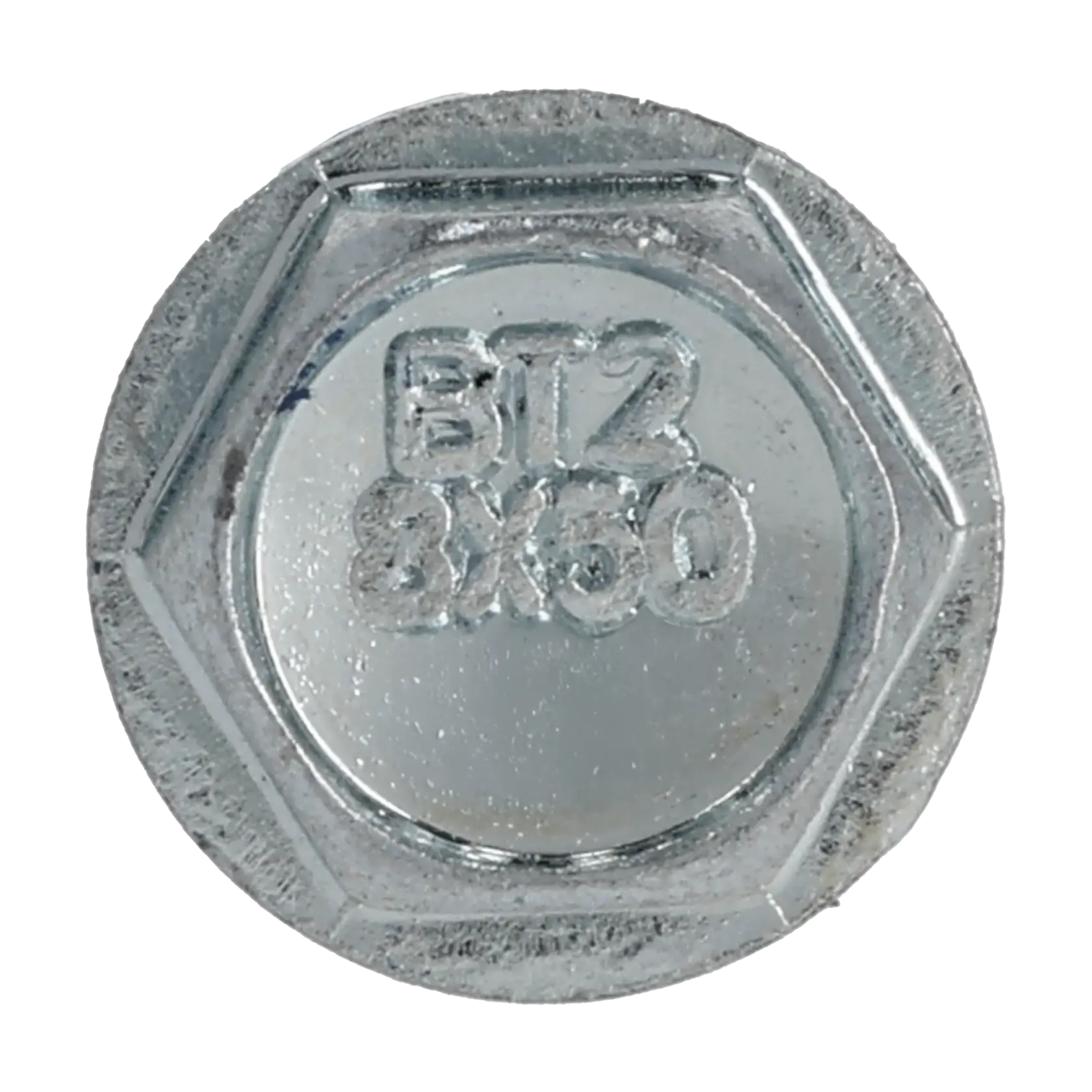 Close-up of a metal hex bolt head with marking BT2 8X50 engraved on its top surface.