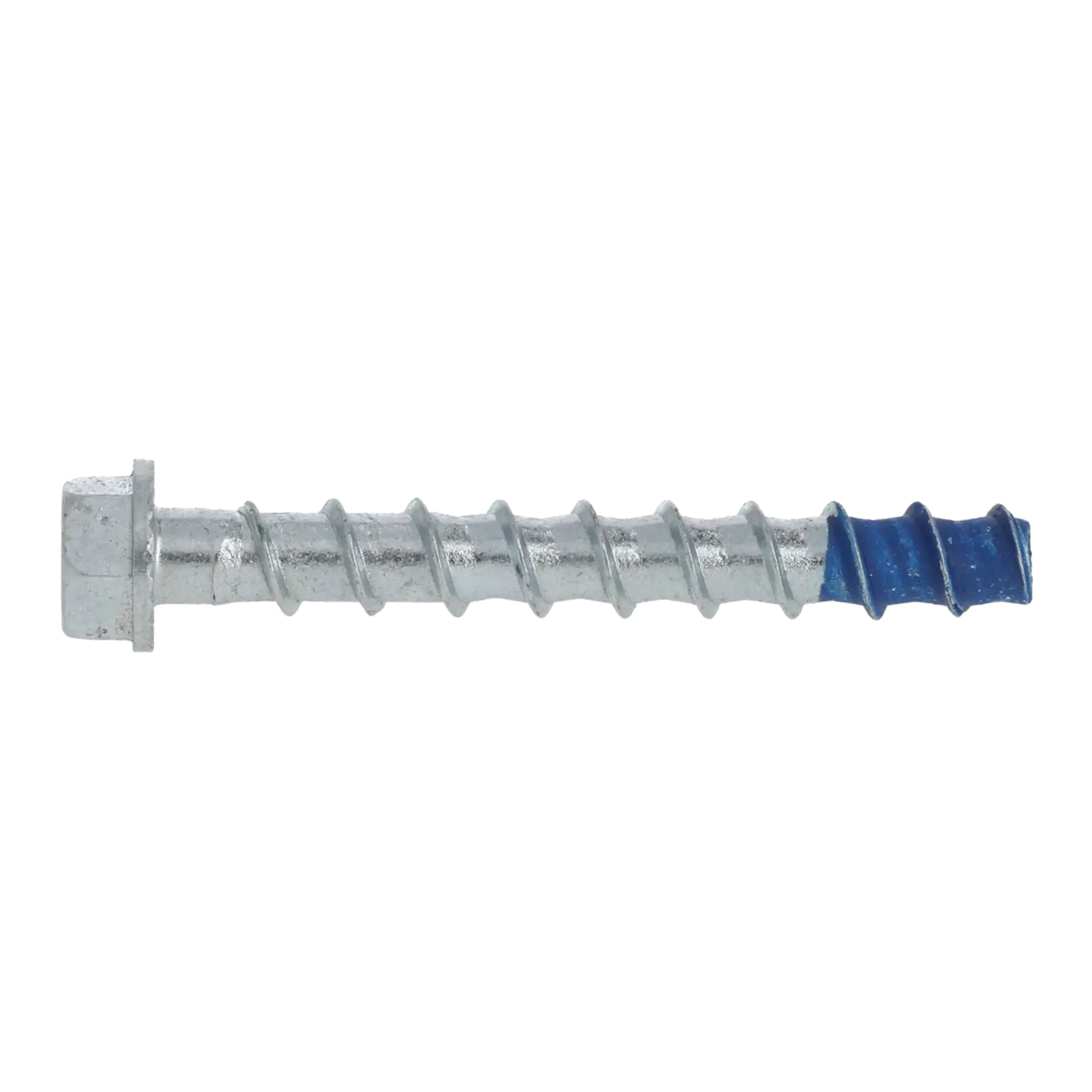 A metal screw with a hexagonal head and a blue tip, designed for securing materials.