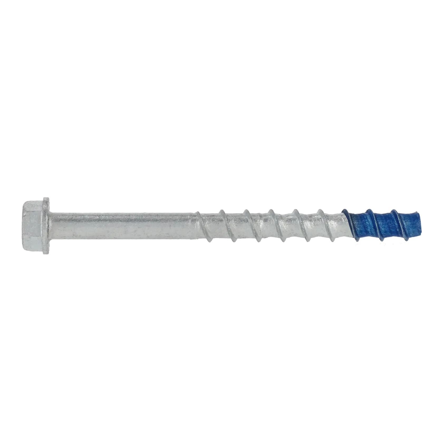 Single metal concrete screw with hex head and blue tip, displayed on white background.