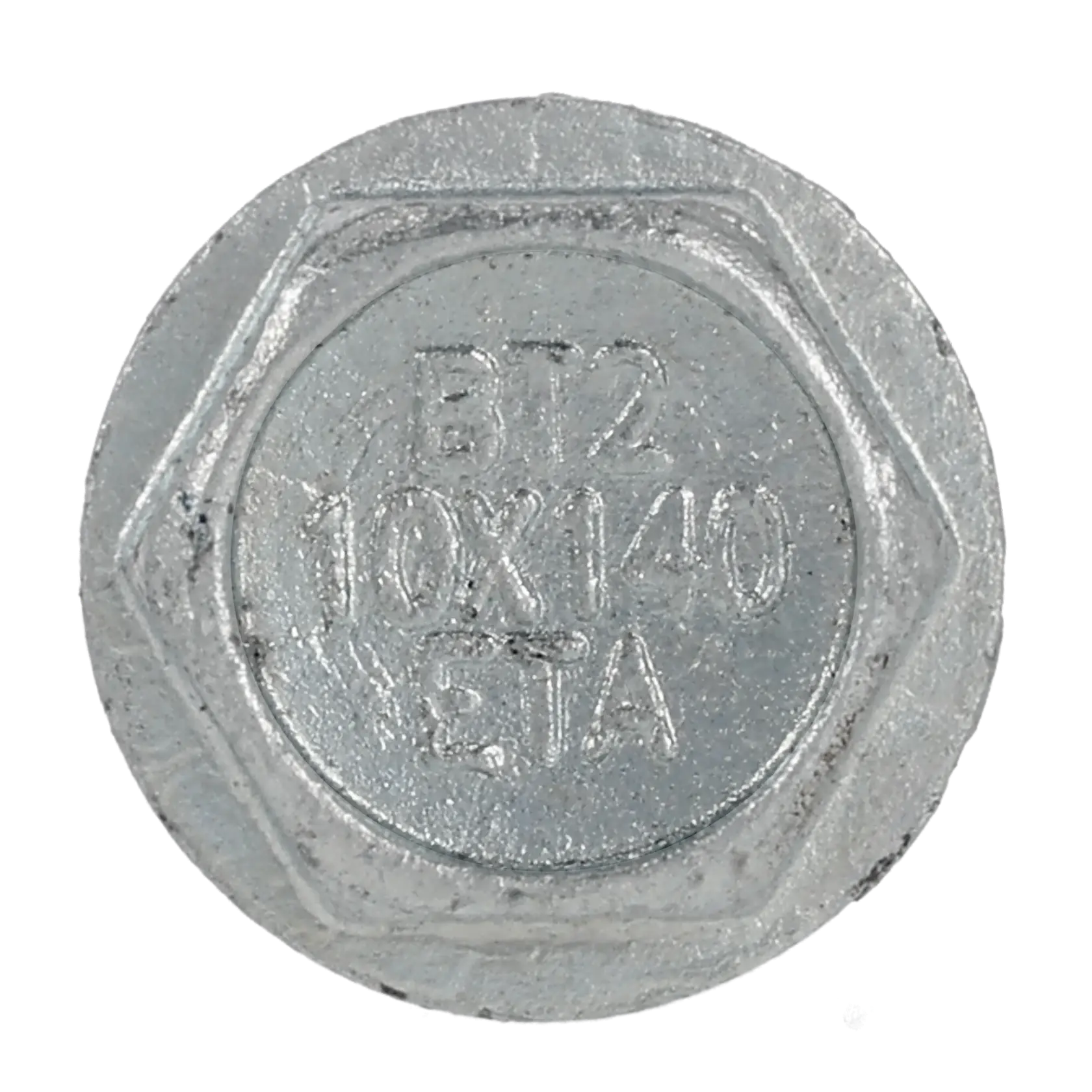 Close-up of a silver hex bolt head with engraved markings BT2 10X140 ETA.
