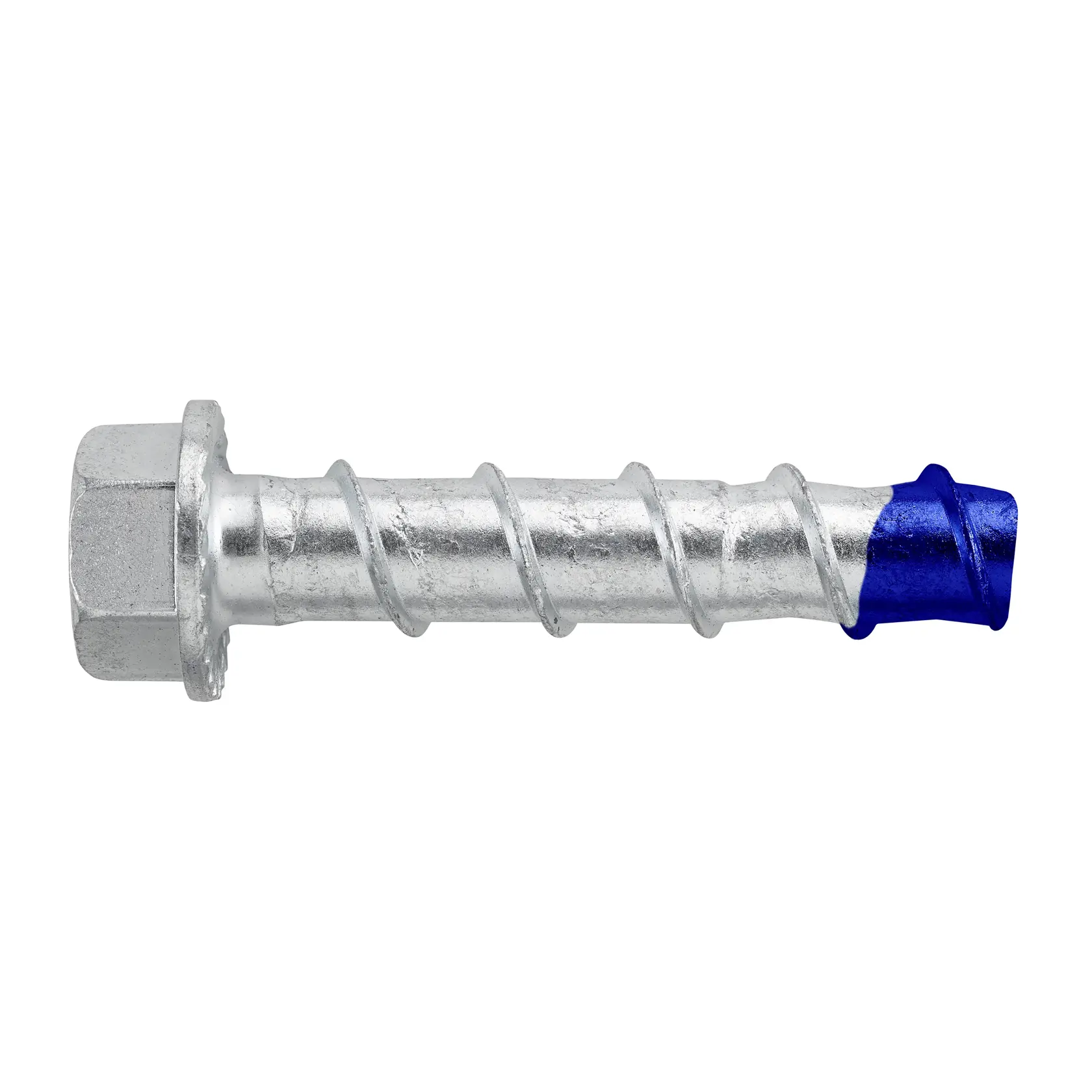 Metal hex head screw with spiral threads and a blue tip, photographed on a white background.
