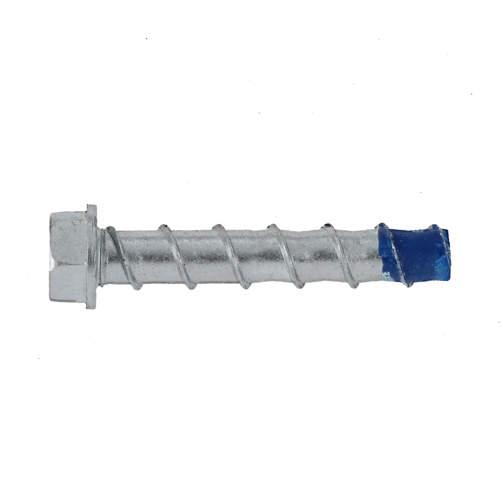 Hex head concrete screw, silver with blue tip, used for secure fastening in construction.