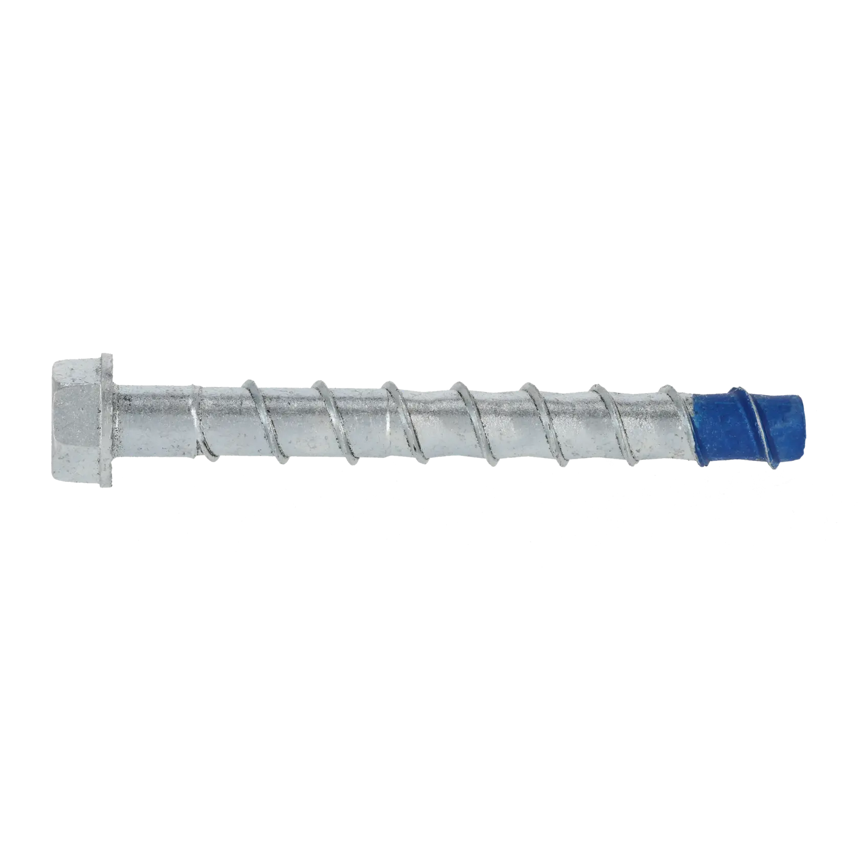 A metal concrete screw with hex head and blue tip, shown against a white background.