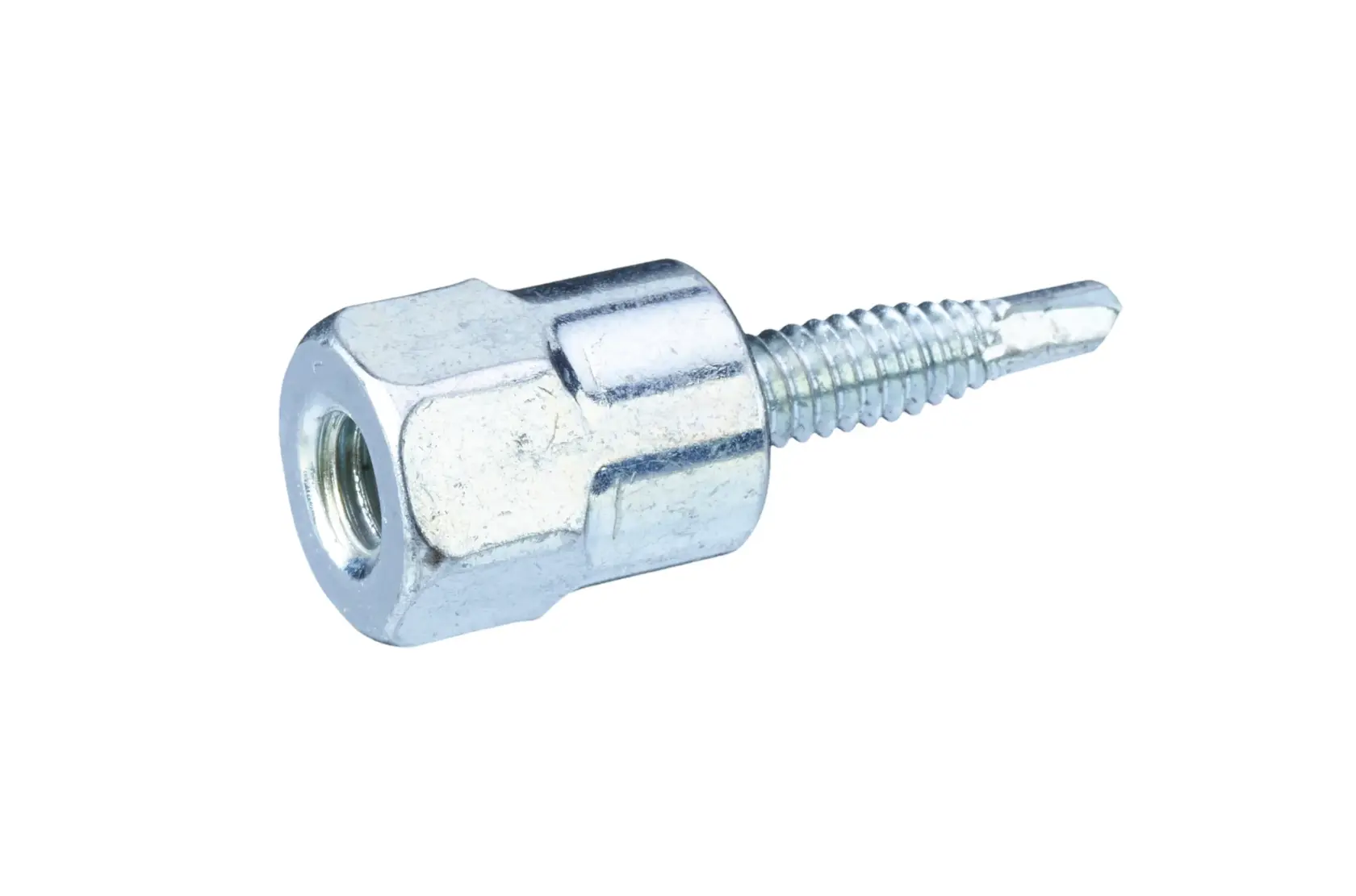 Metal screw anchor with hex head and drill tip for secure fittings.