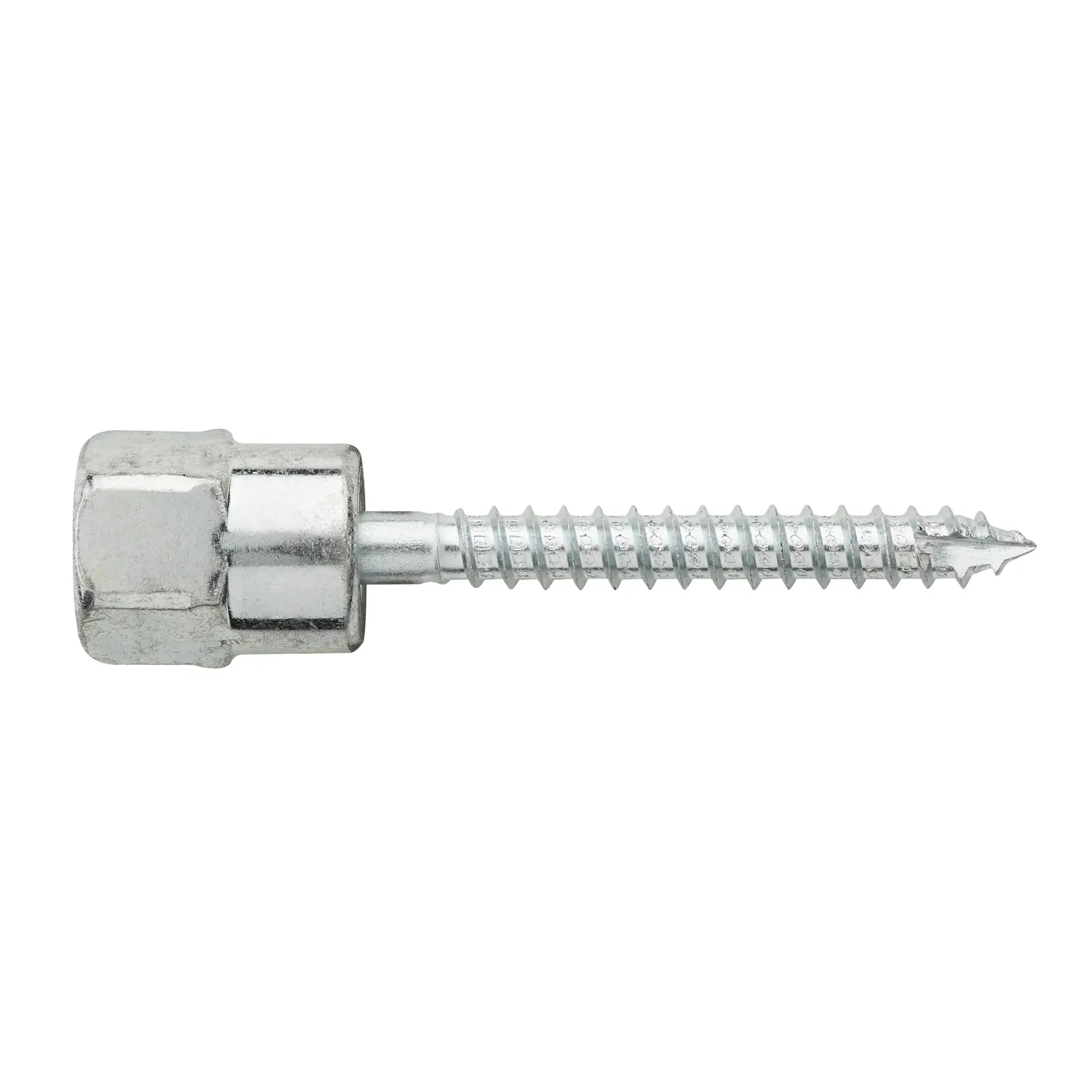 Close-up of a metallic hex-head screw with threaded body and pointed tip on a white background.