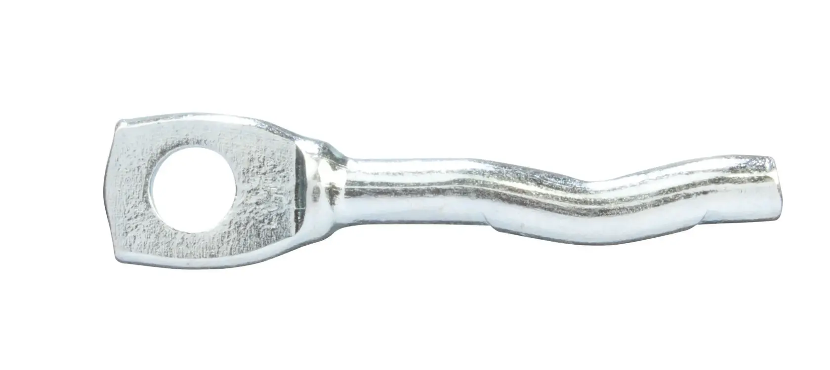 Metallic DEWALT fastener with a hole on one end and a curved shaft, photographed on a white background.
