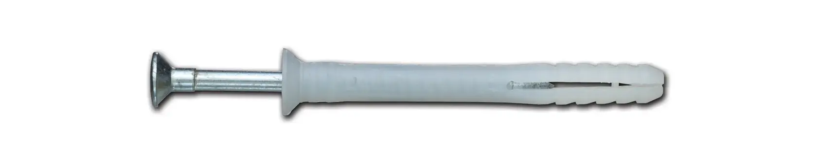 A close-up image of a DEWALT nail-in anchor, featuring a metal screw inserted into a grey plastic expansion plug, used for fastening materials to masonry or concrete surfaces.
