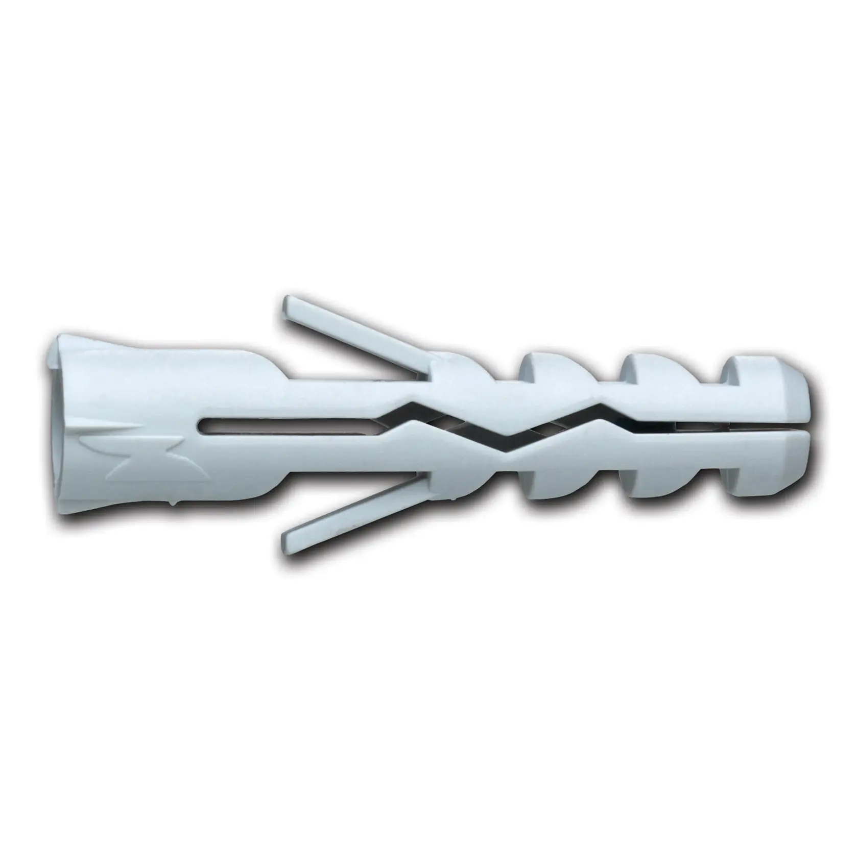 A close-up image of a white plastic wall plug, used for anchoring screws into brick, concrete, or drywall.