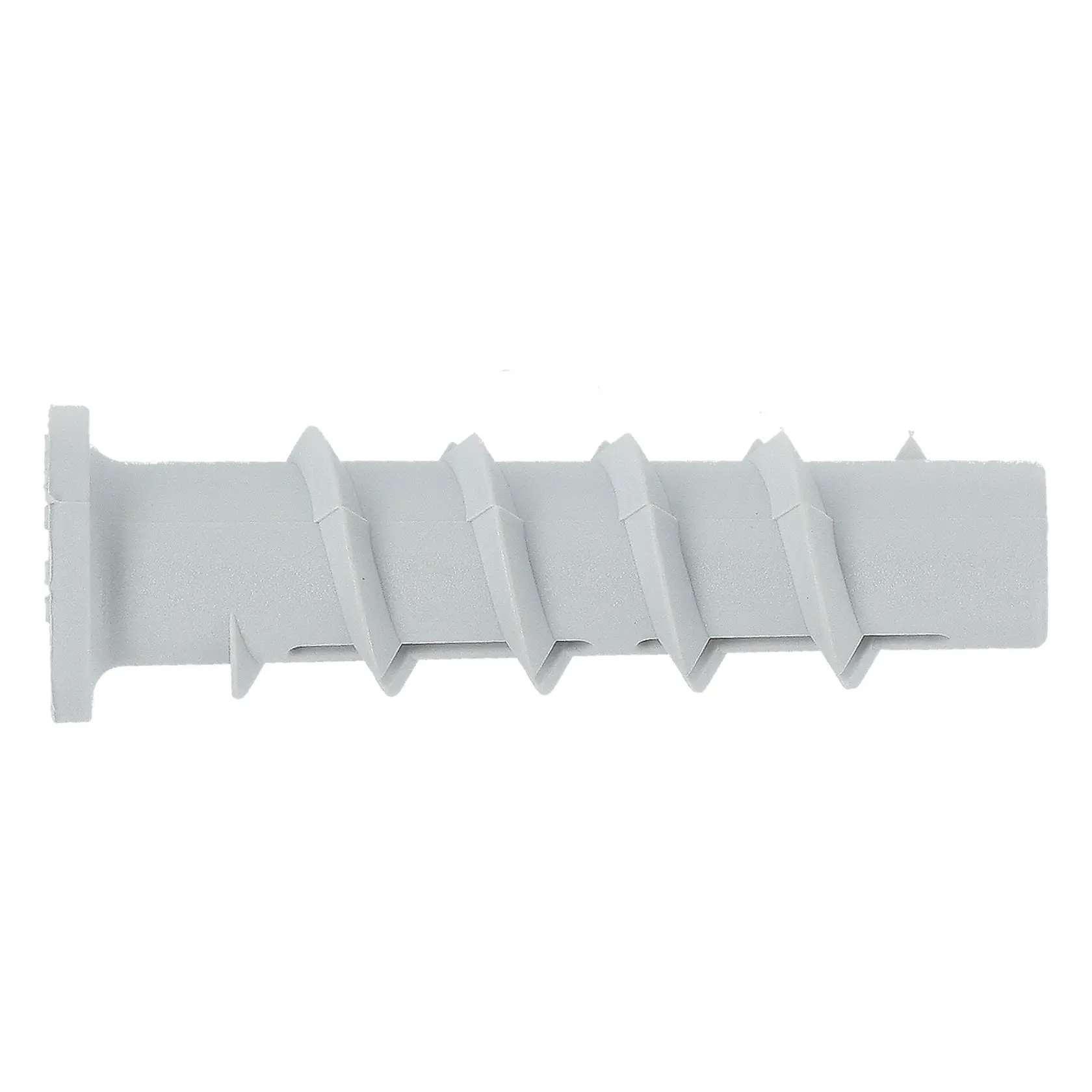 A grey plastic wall plug for screws, designed for secure mounting in masonry or drywall surfaces.