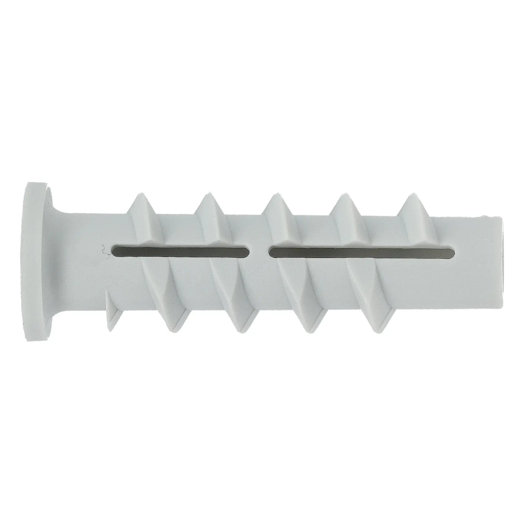 White plastic wall plug with ribbed sides and a central slot, used for securing screws in masonry or plaster.