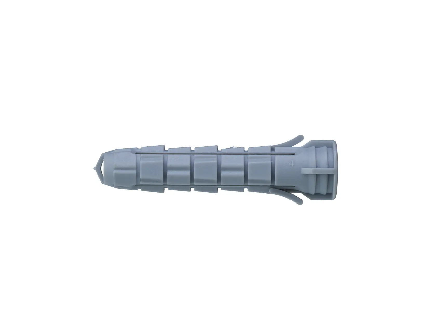 A single grey plastic wall plug, shown in a horizontal position on a white background.