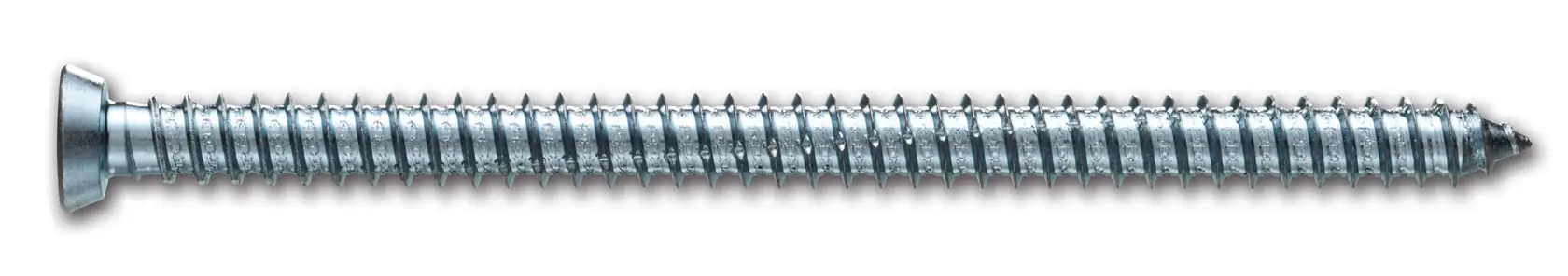 Silver metal screw with flat head, shown horizontally on a white background.