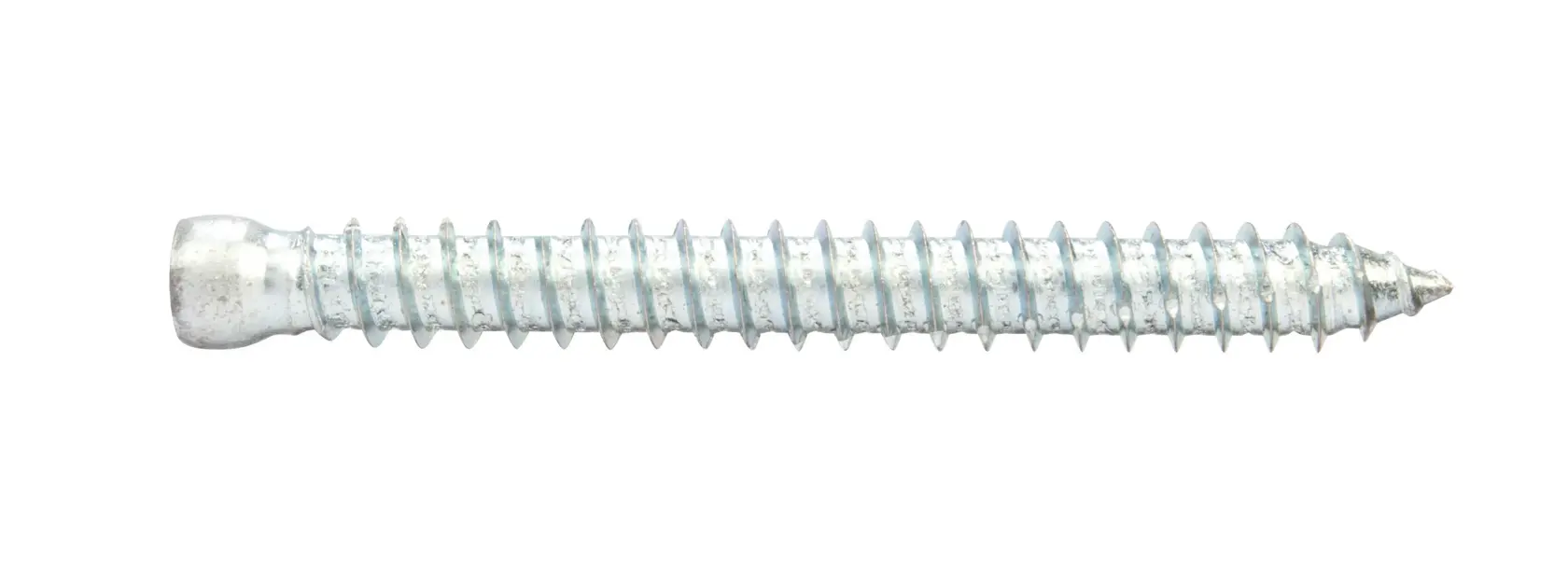 A single metal screw with a flat end and threaded body on a white background.