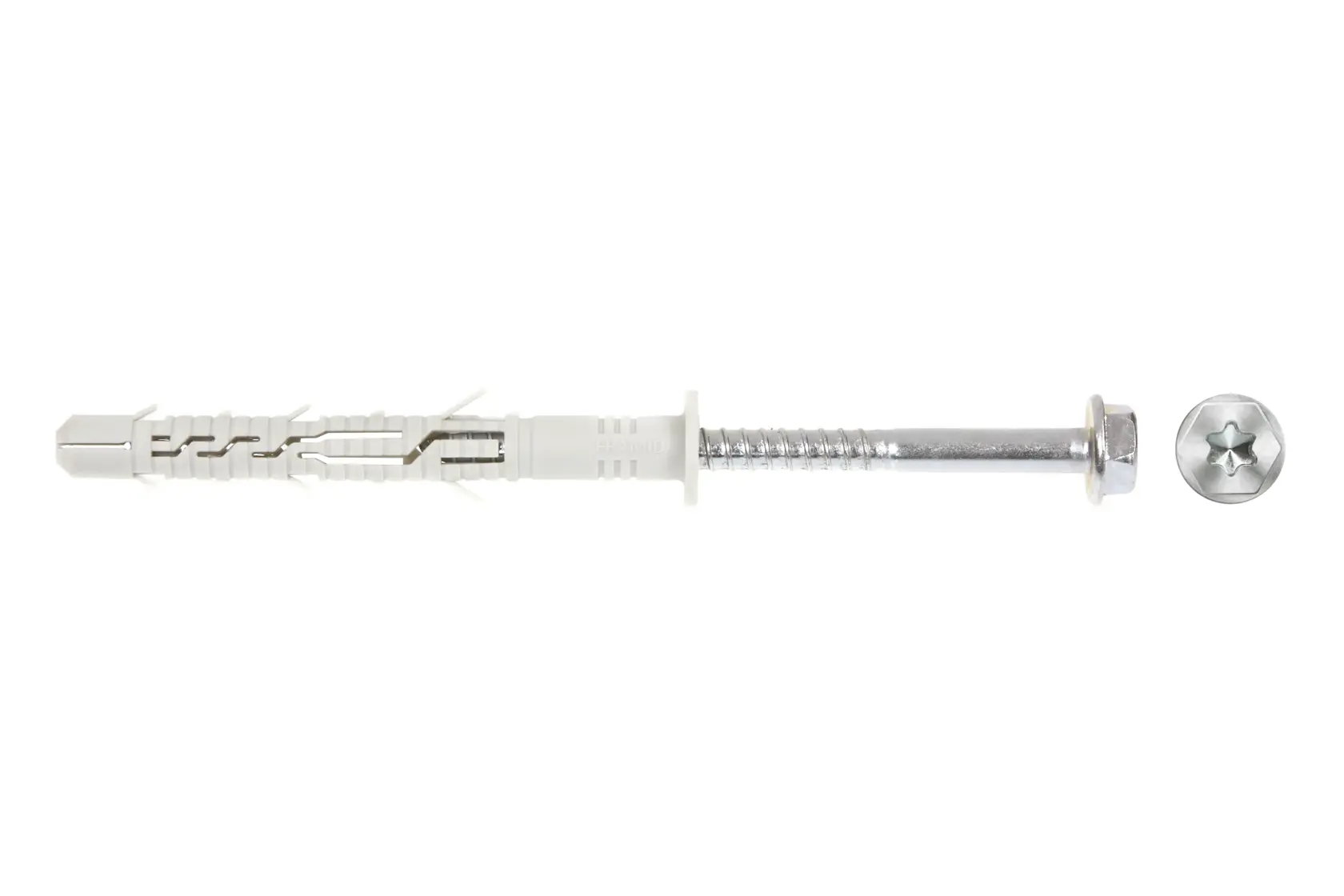 A DEWALT wall plug and screw set, featuring a white plastic wall plug and a silver metal screw with a star-shaped Phillips head.