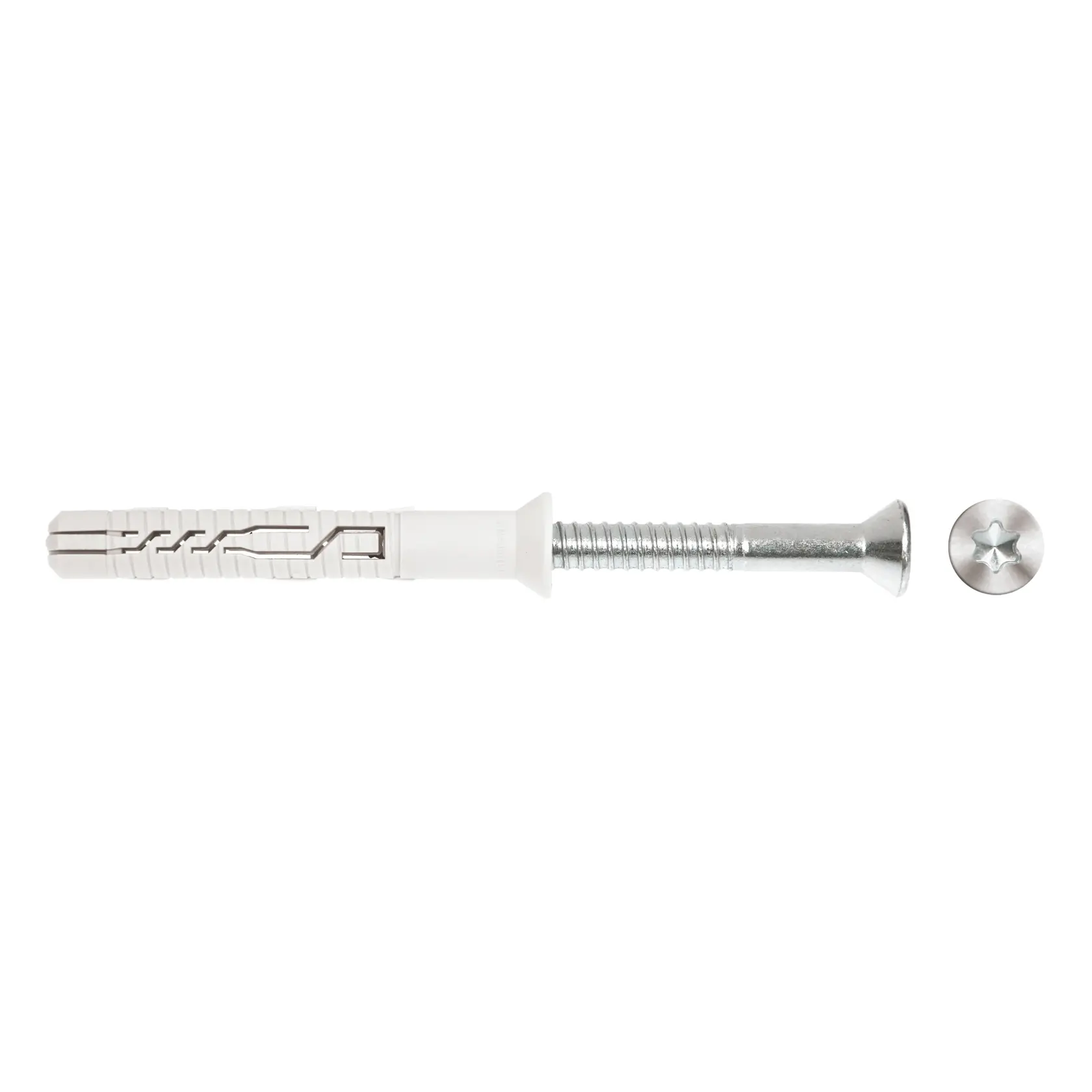 A close-up image of a wall plug and screw set, including a white plastic wall plug, a metal screw, and a separate screw head, displayed on a white background.