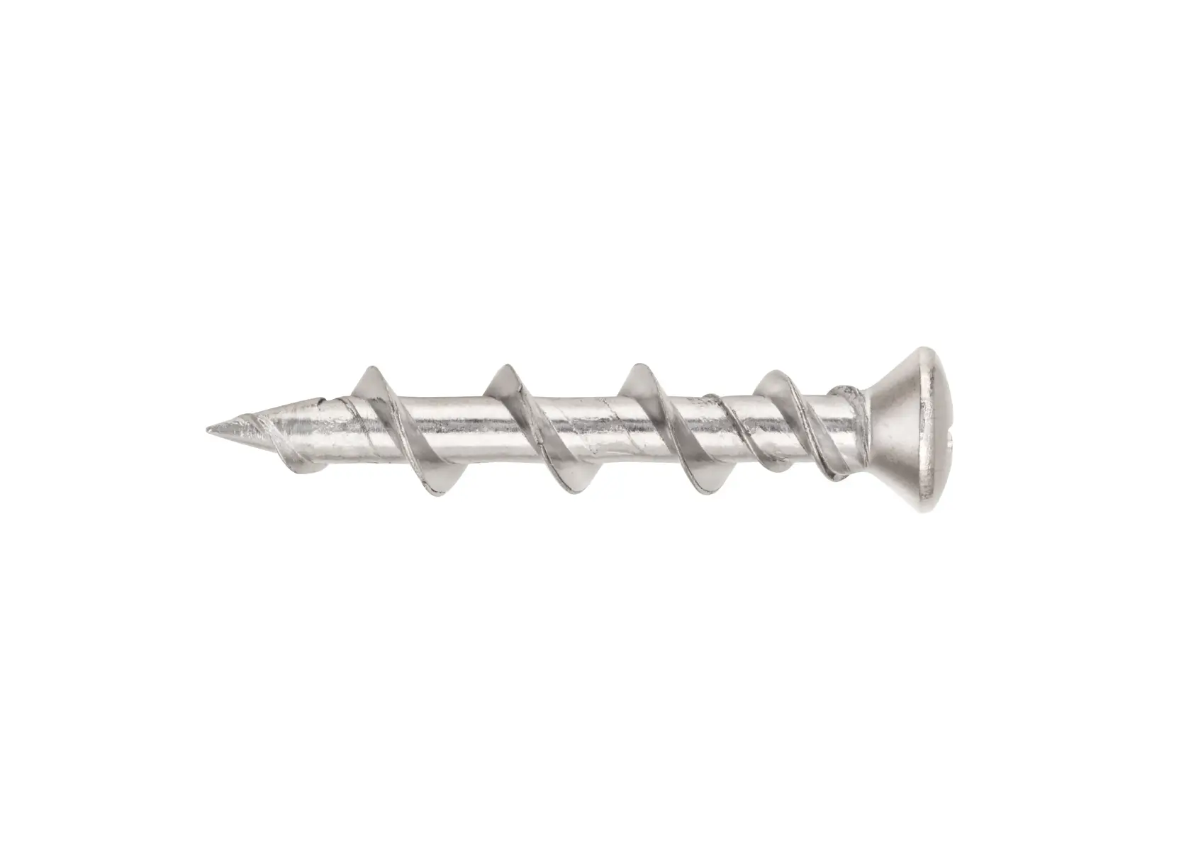 Close-up of a single metal screw with a flat head and spiral thread on a white background.
