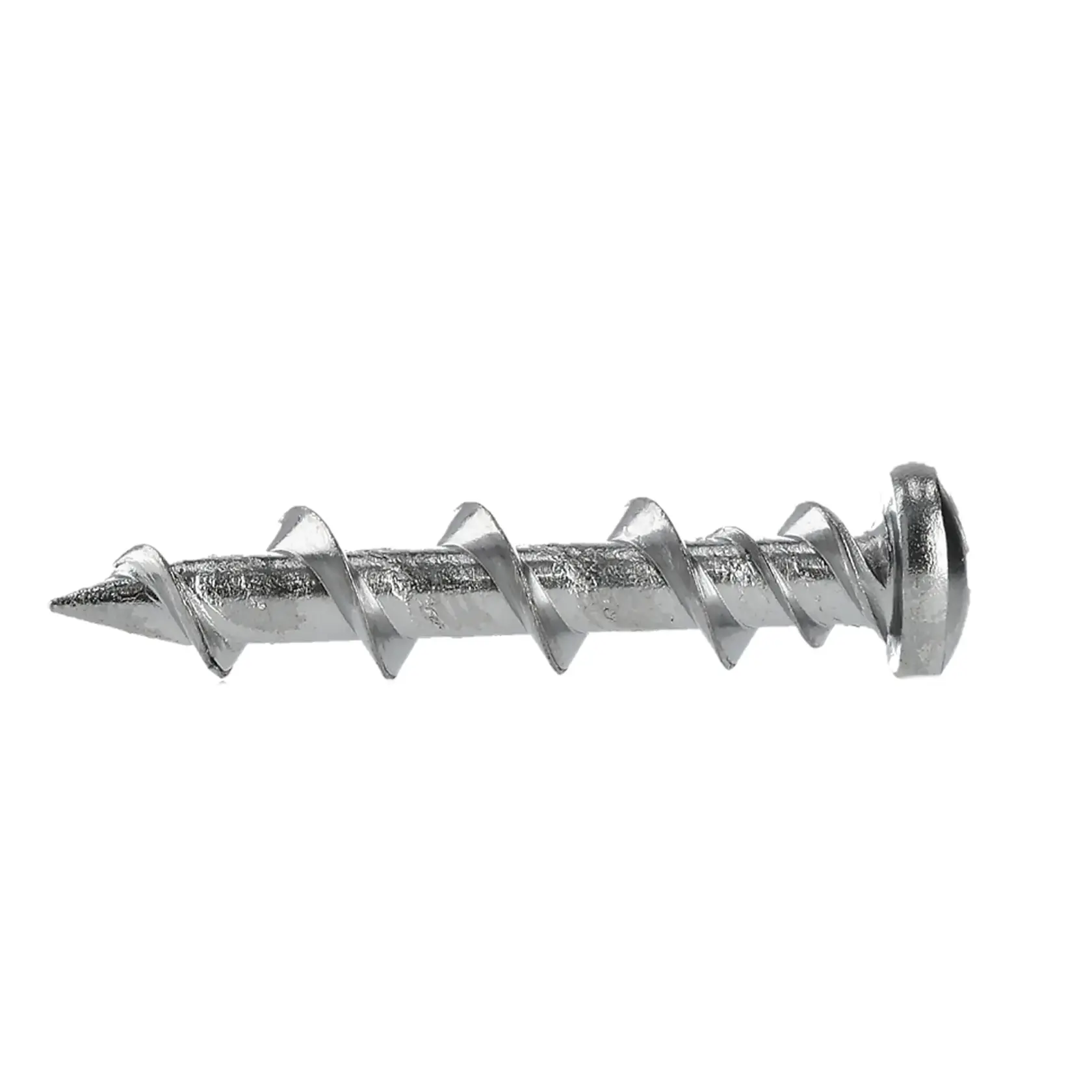 Close-up of a silver metal screw with a pan head and sharp tip, isolated on a white background.