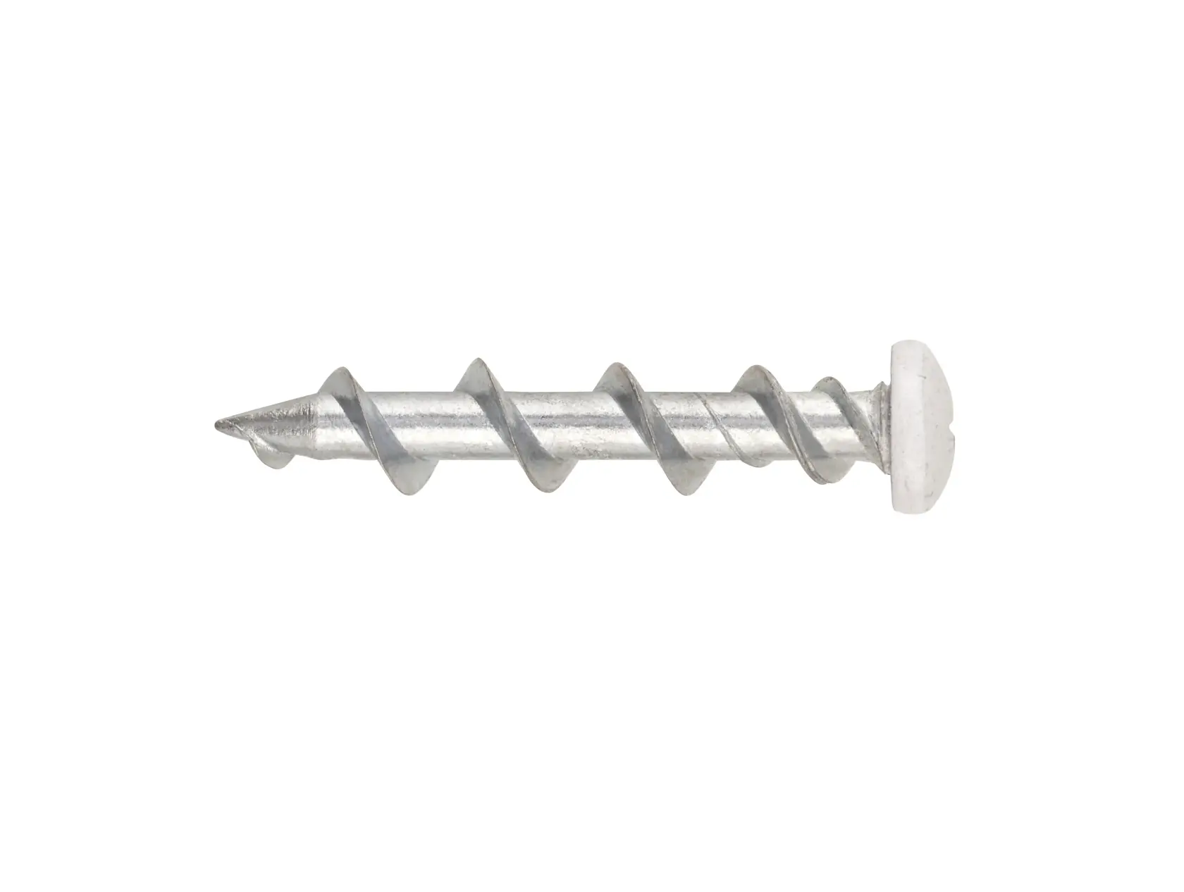 Close-up of a single metal wall anchor screw with a pointed tip and spiral thread, isolated on white background.