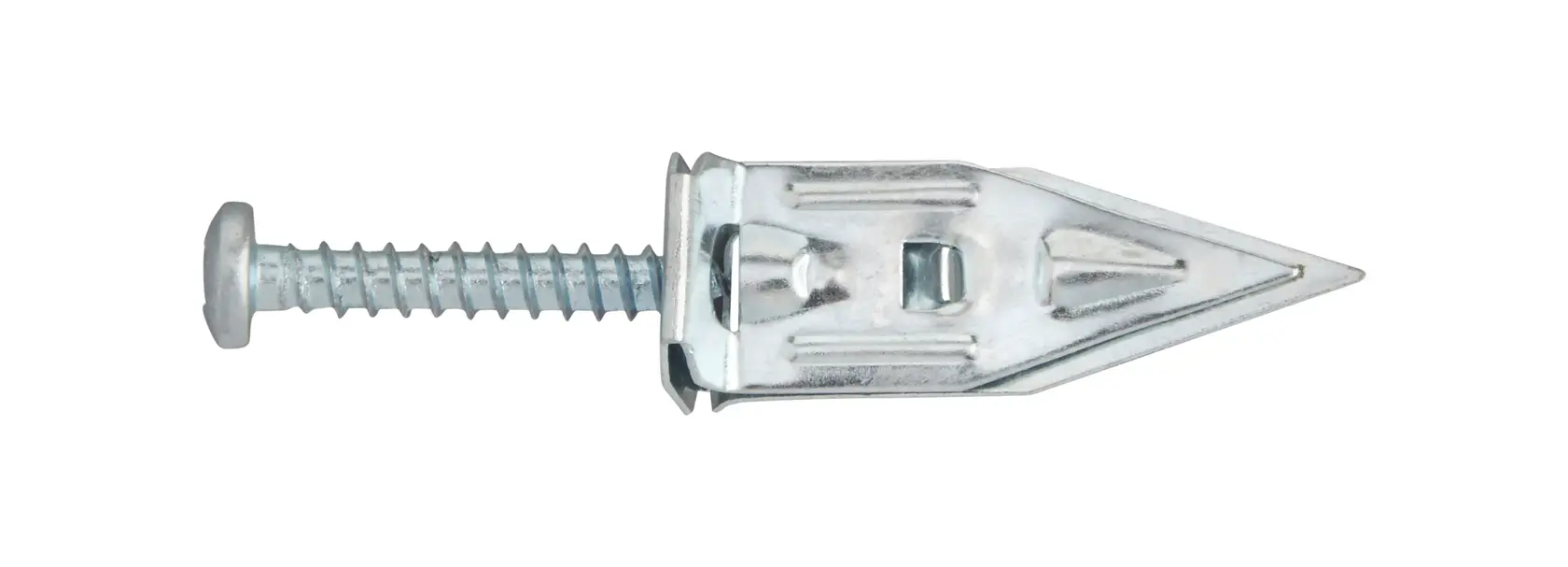 A metal wall anchor with a screw attached against a white background.