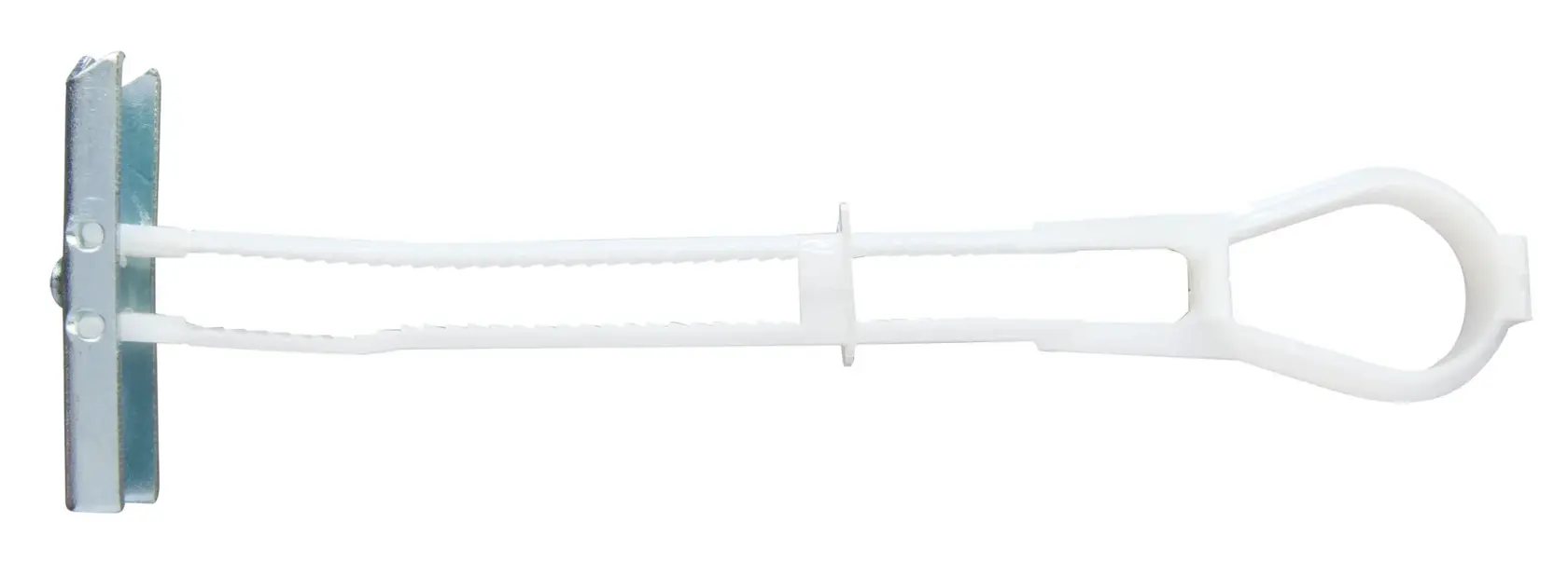 A white plastic and metal drywall anchor, shown horizontally on a white background.