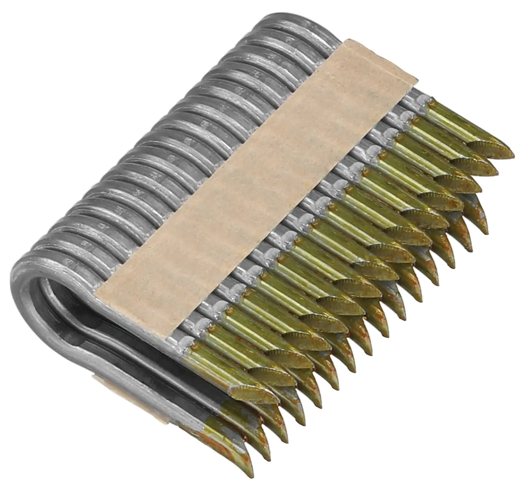 A close-up image of a bundle of DEWALT collated nails, arranged in a strip with metallic finish and pointed tips, held together by a paper strip.