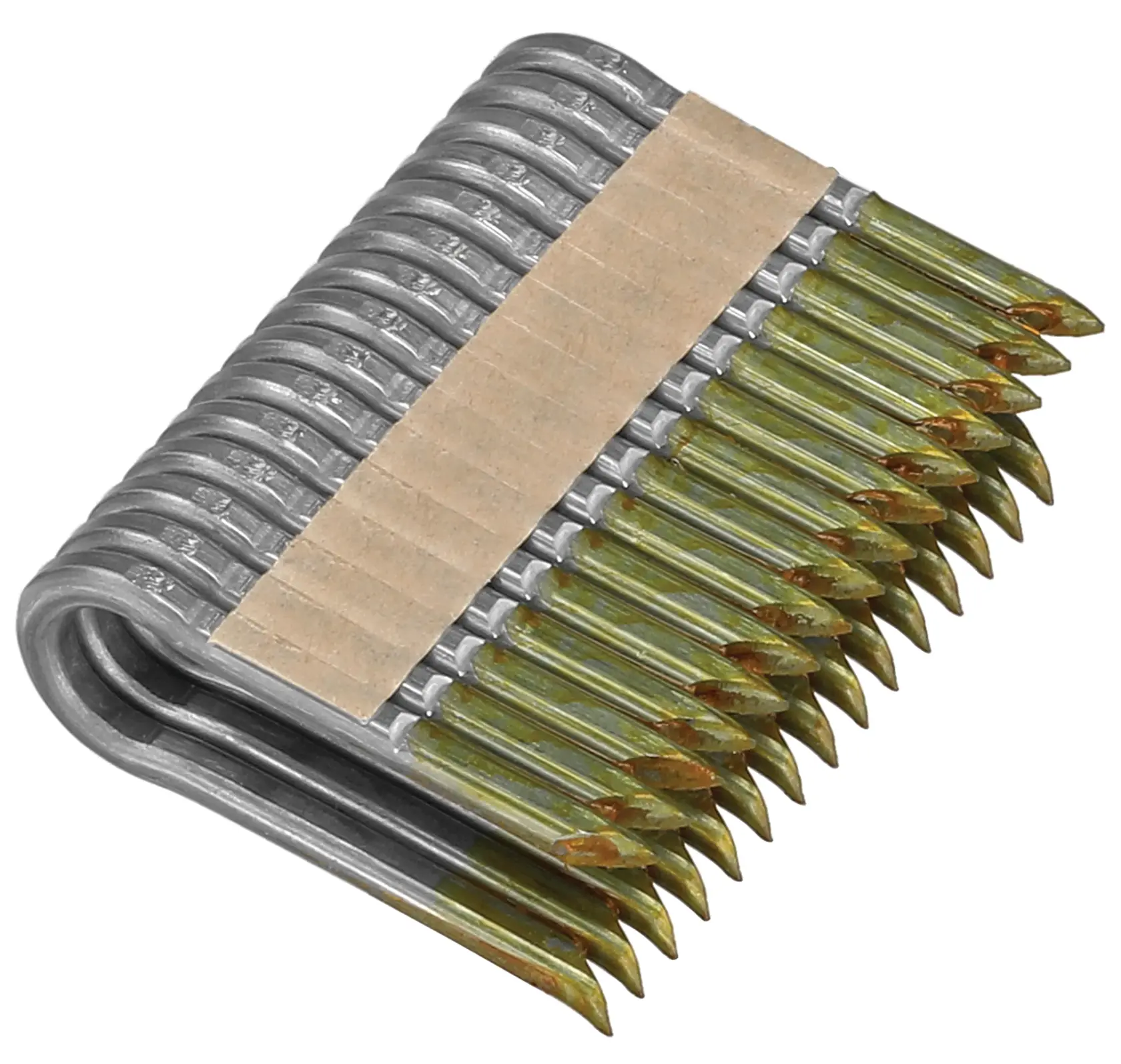 A close-up image of a strip of collated metal fasteners or nails, held together with a cardboard strip, used for construction or carpentry tools.