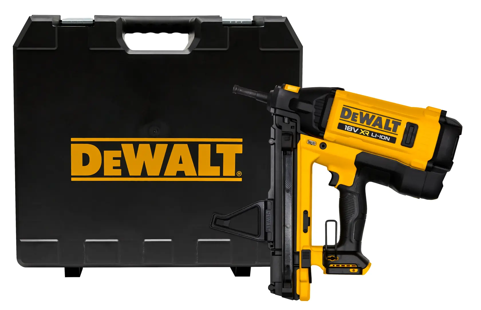 DEWALT nailer with case, SKUs DGN845N-XJ, DGN845N. Photography product.