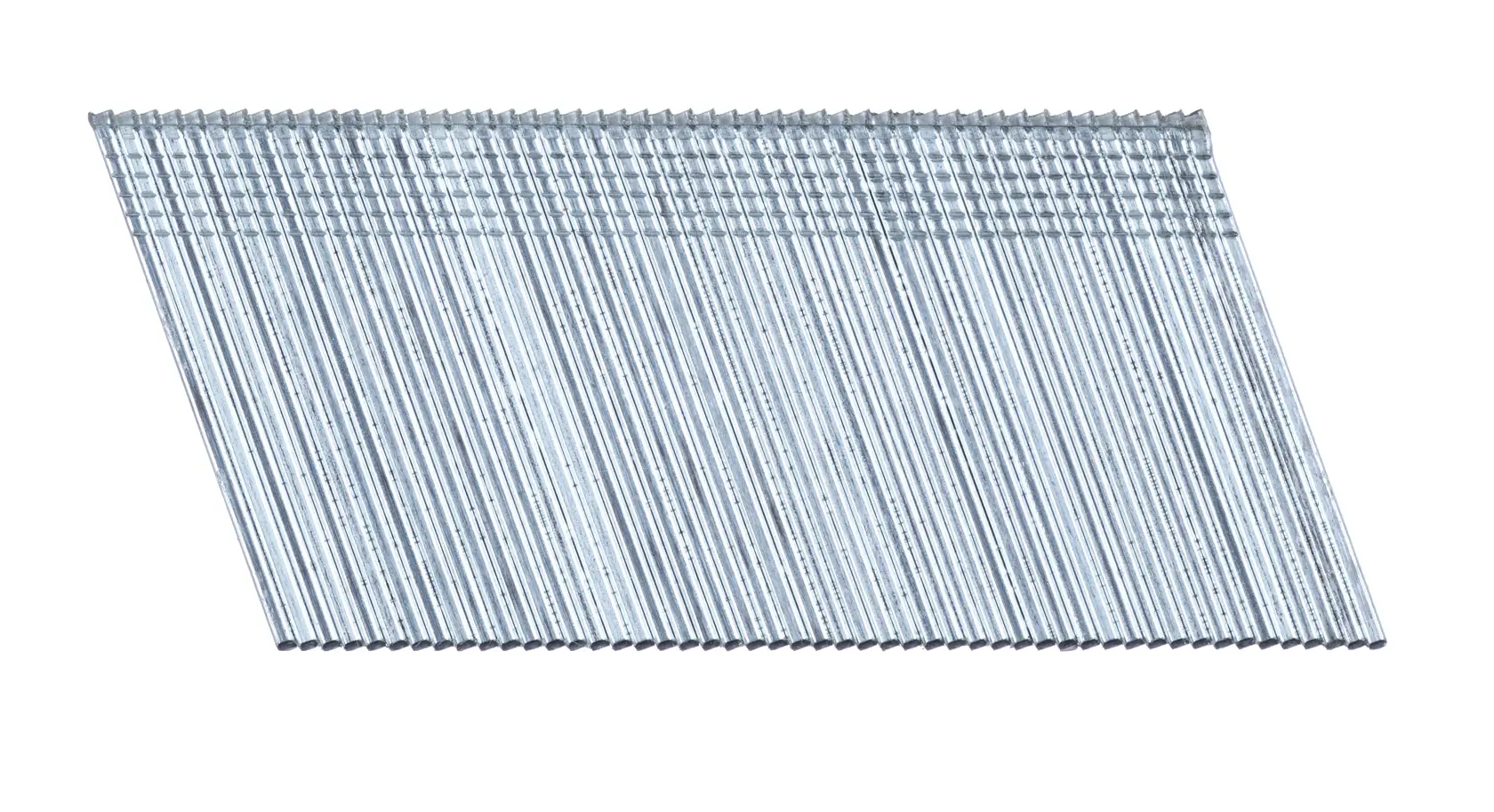 Angled strip of silver metal nails for a nail gun, arranged in parallel rows for carpentry or construction use.
