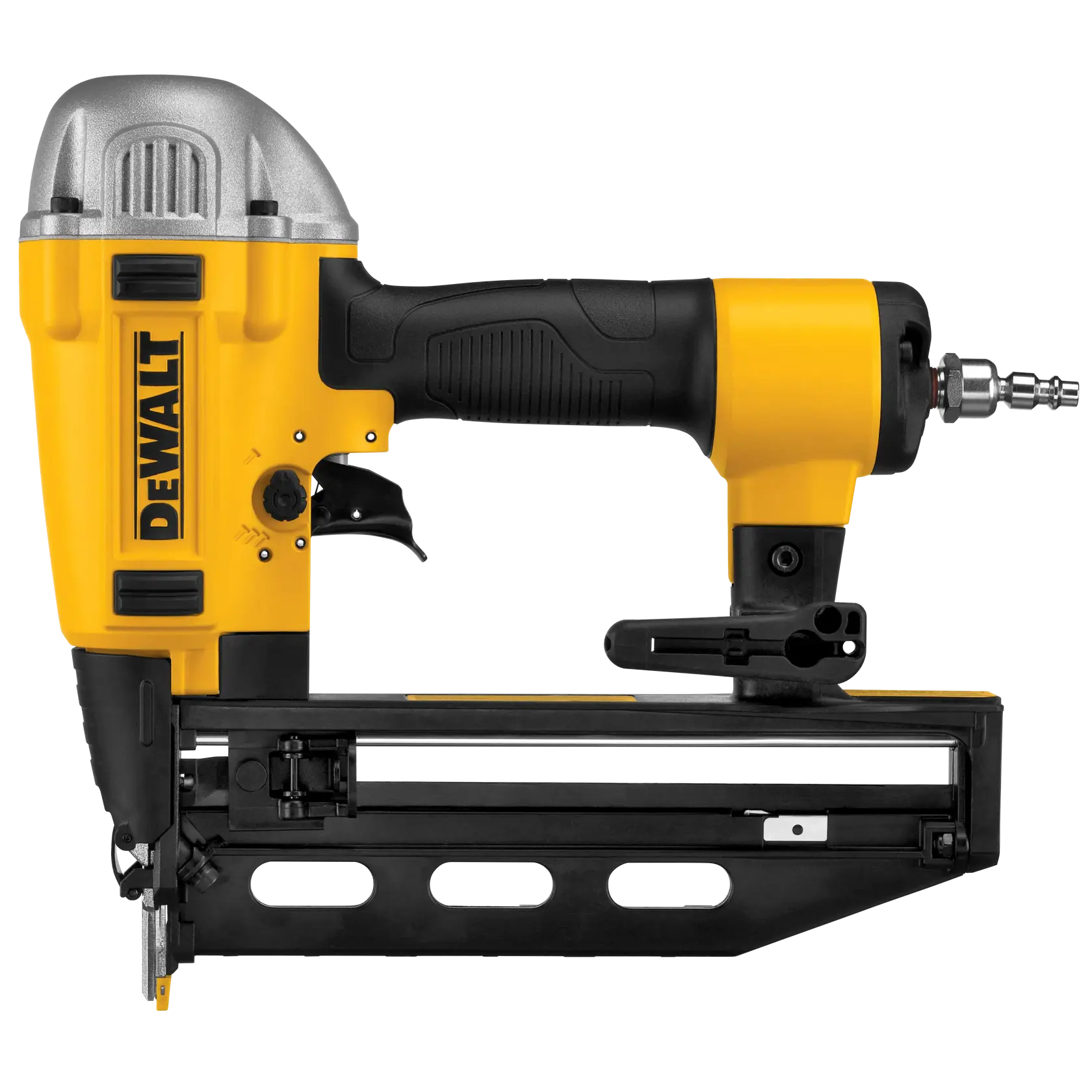 DEWALT pneumatic nail gun with yellow and black design, used for fastening nails in woodworking and construction.