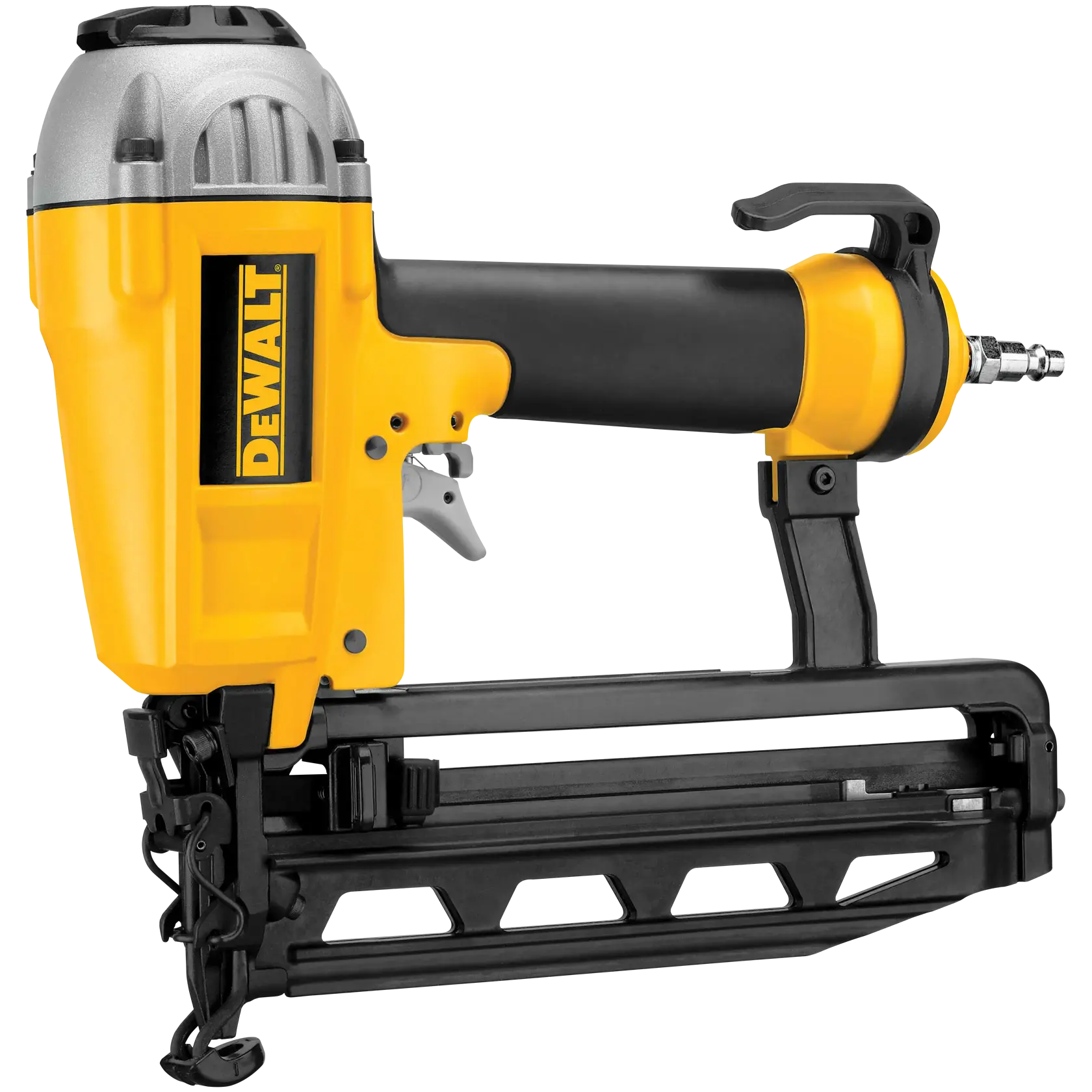 Yellow and black DEWALT pneumatic nail gun, side view, with trigger and air hose connector.