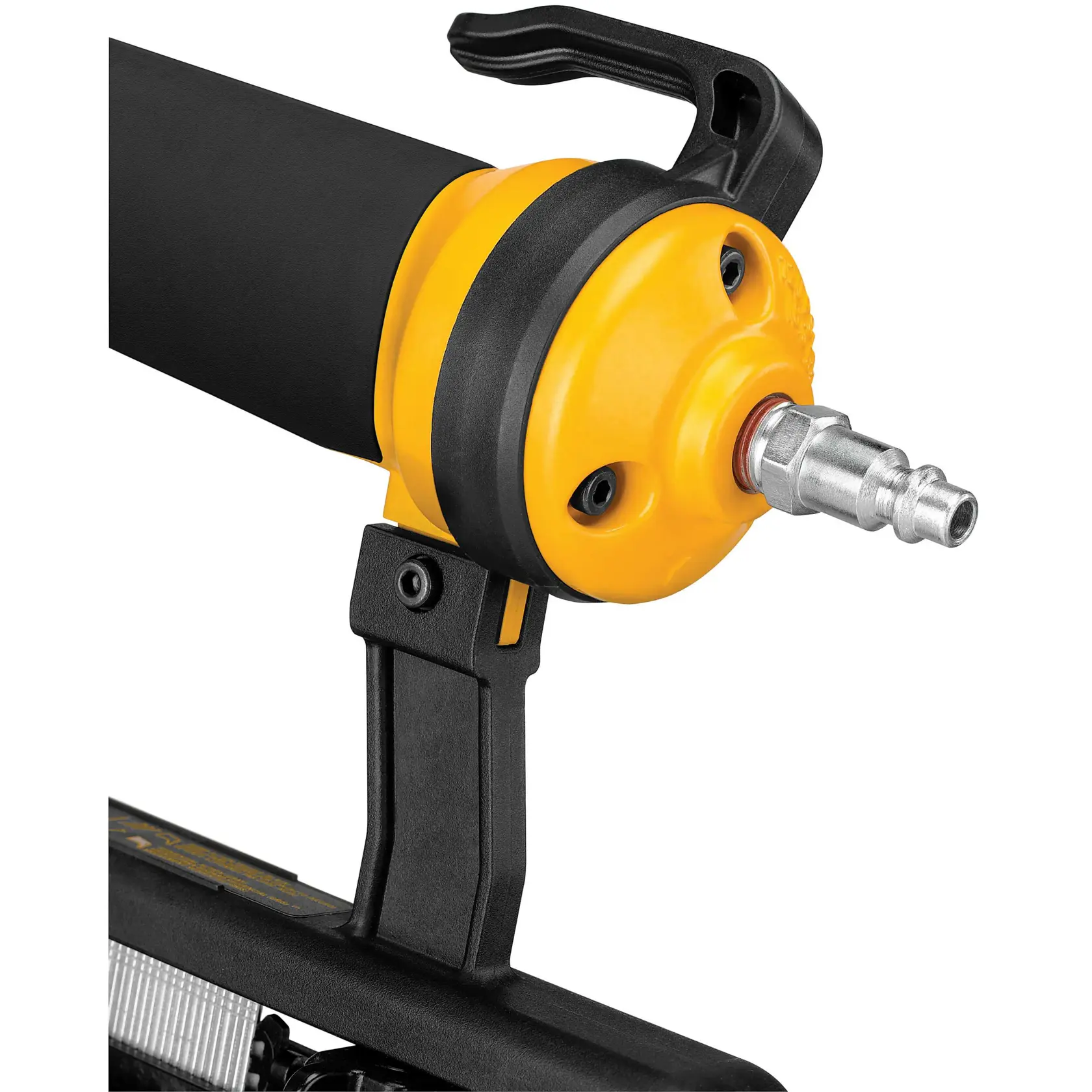 Close-up of DEWALT pneumatic tool connector and handle, showing yellow and black design details.