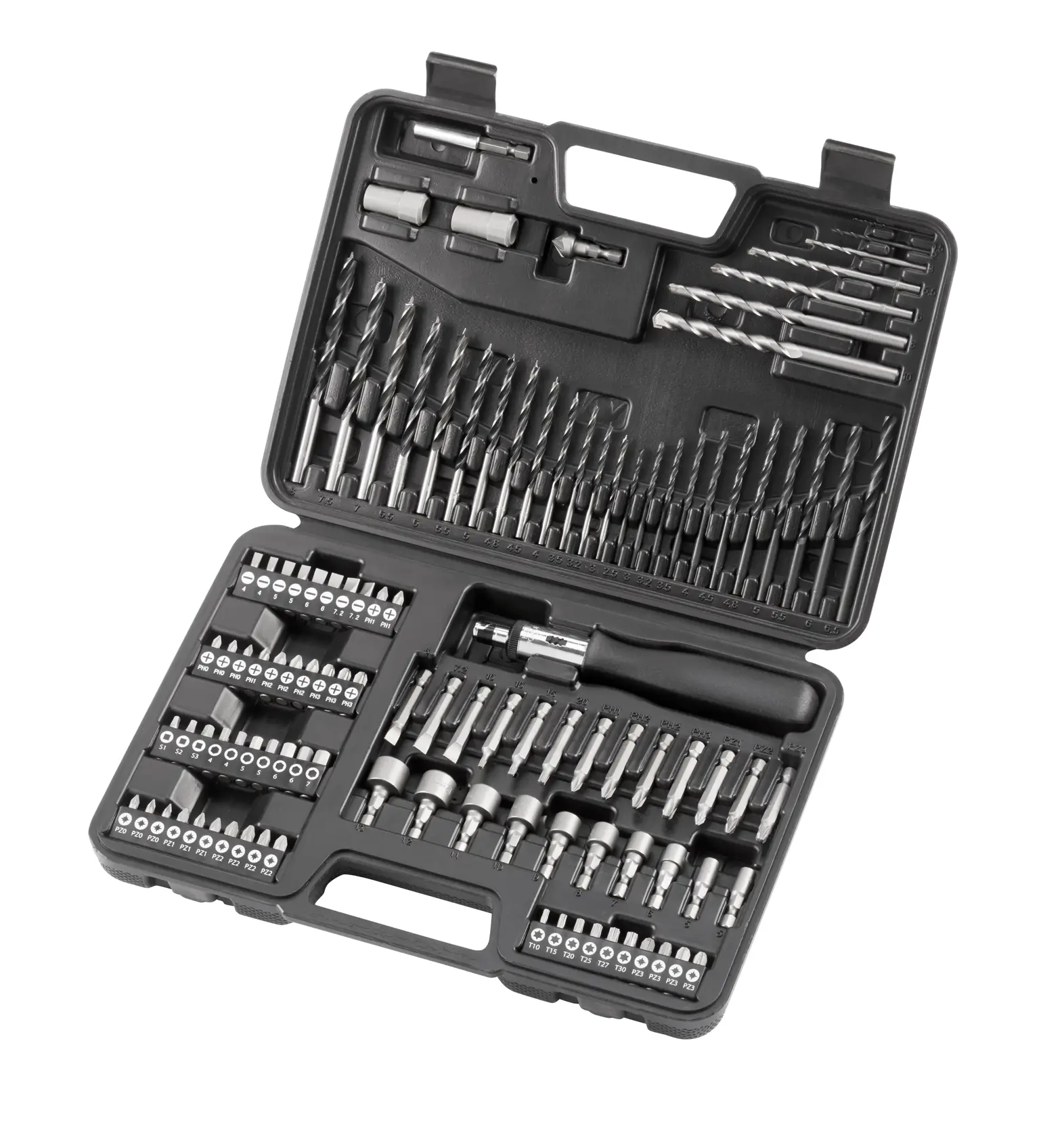 DEWALT DT0109 drill and screwdriver bit set with various bits and accessories in a black plastic case.