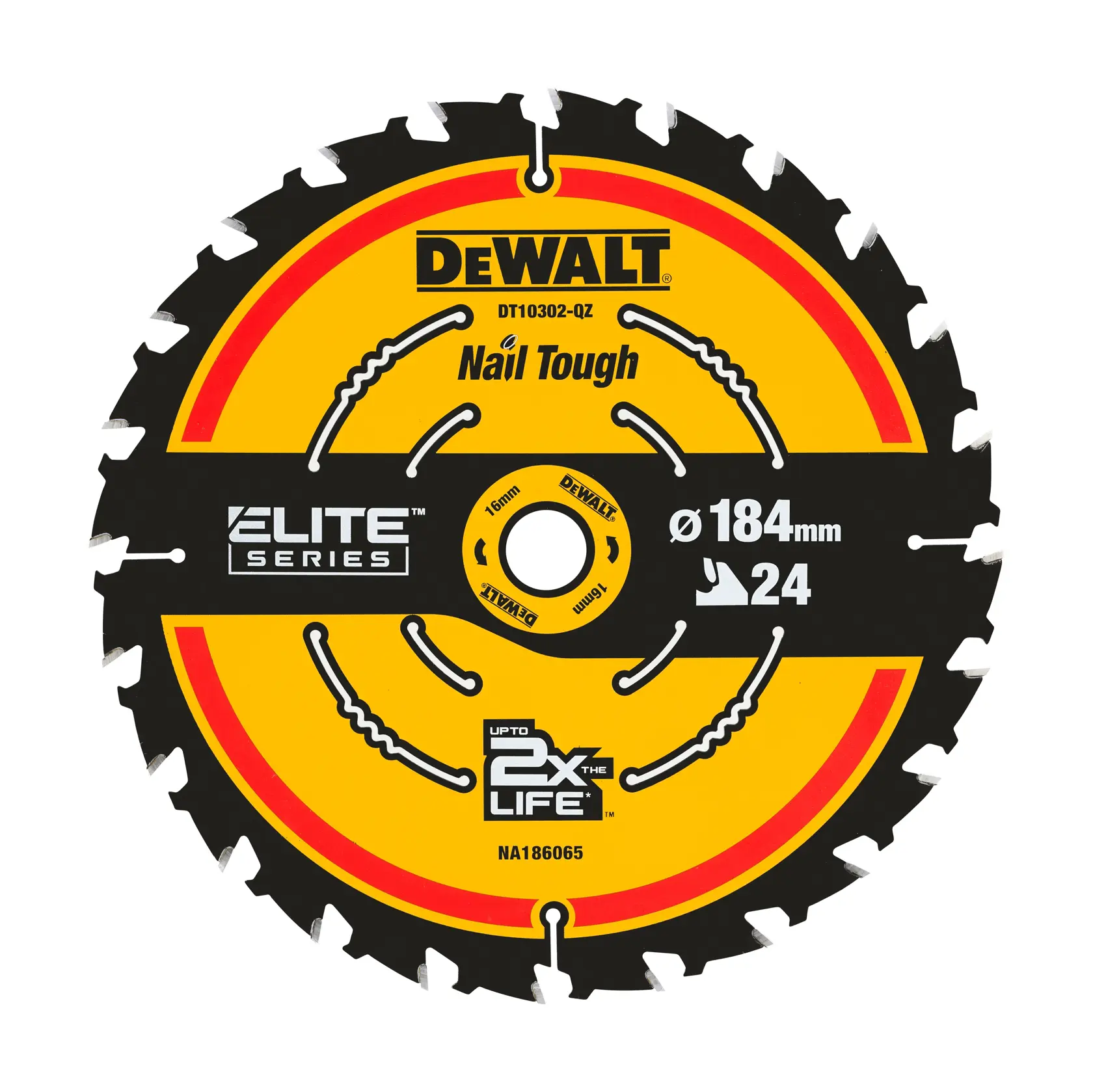 DEWALT saw blade DT10302-QZ, DT10302, Elite Series for tough nails, Ø184mm, 24 teeth, circular shape.