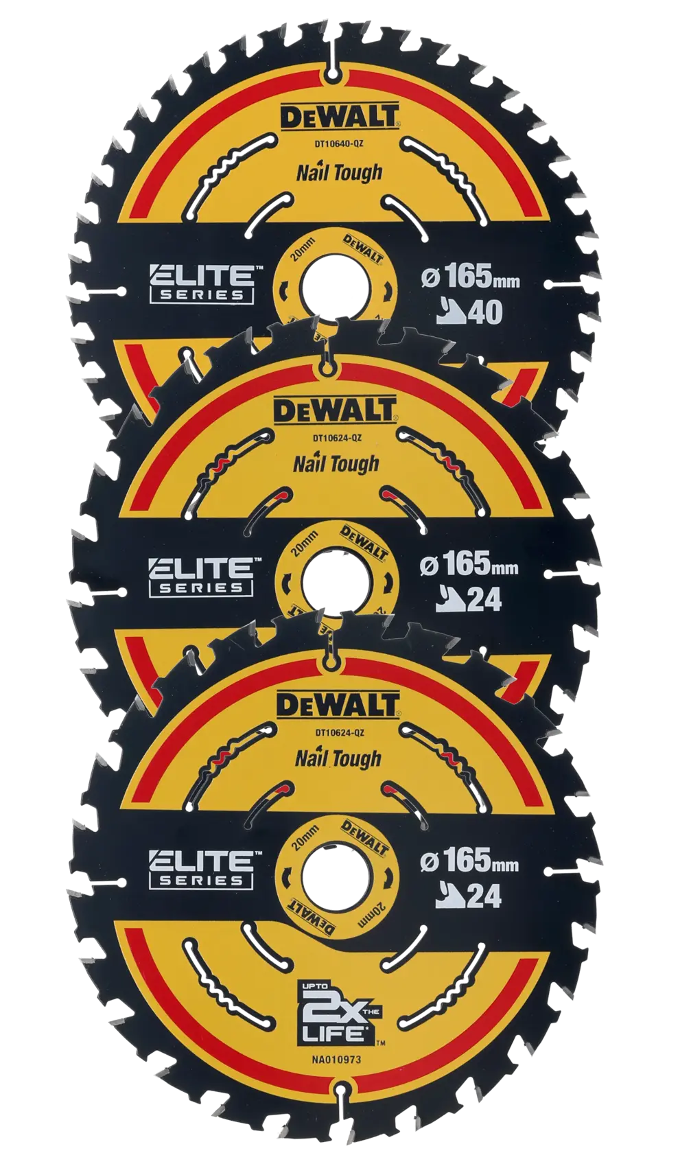DEWALT circular saw blades for photography, EMEAANZ, SKUs DT10397, DT10397-QZ, three blades stacked vertically.