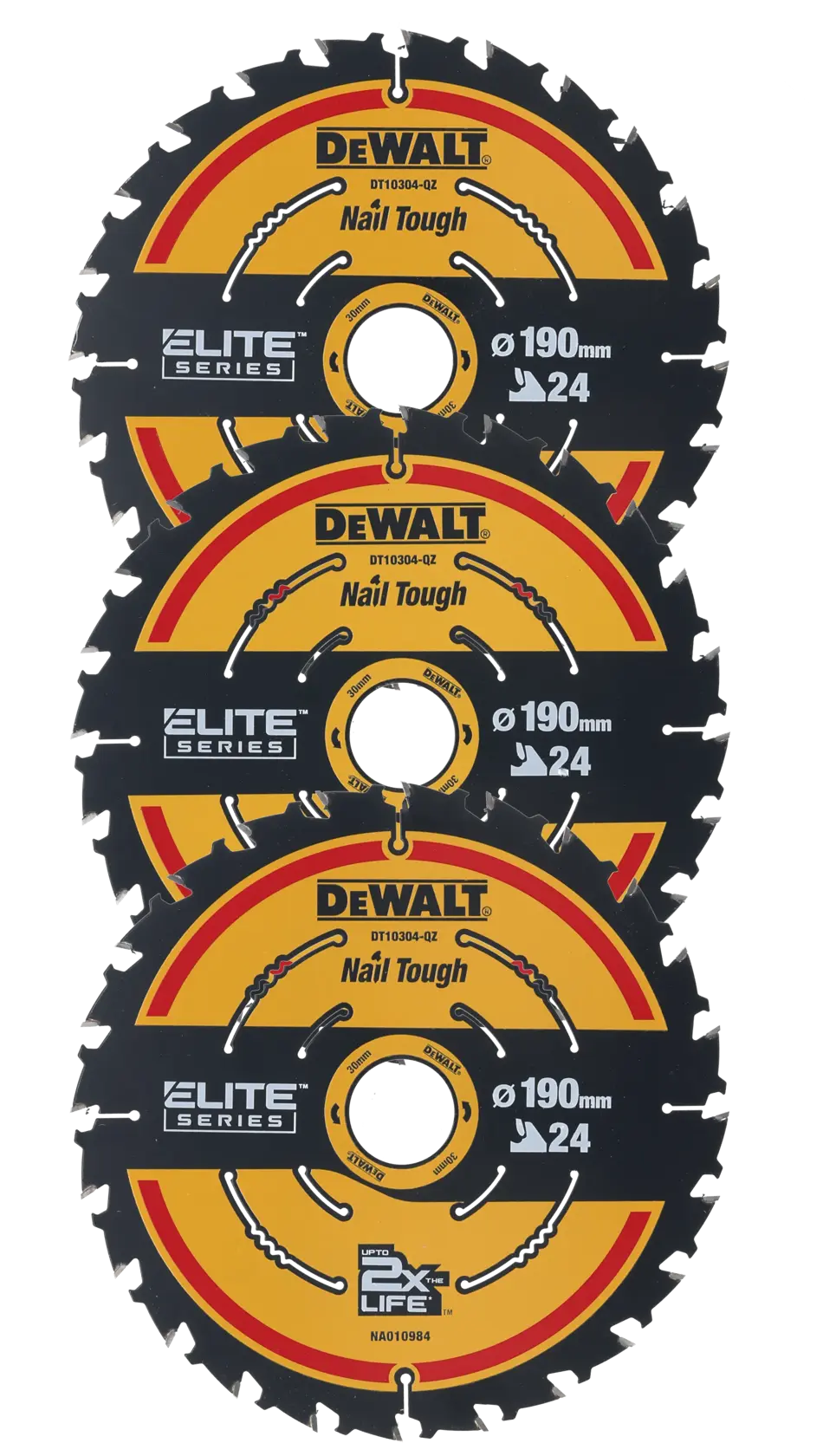 Three DEWALT Elite Series 190mm circular saw blades, black and yellow, labeled Nail Tough, each with 24 teeth.