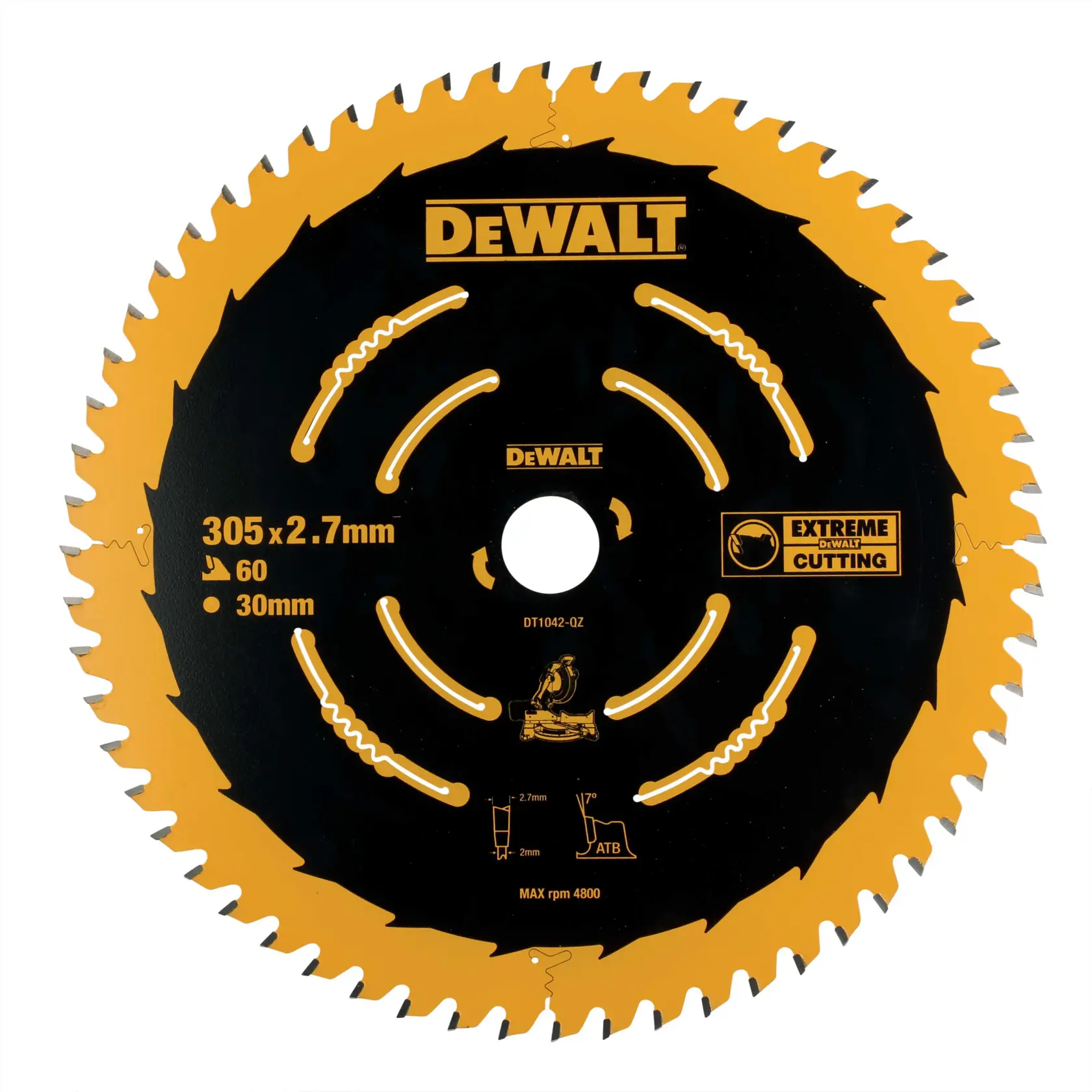 DEWALT DT1042 circular saw blade, 305mm, 60 teeth, 2.7mm thick, for extreme cutting, black and yellow.