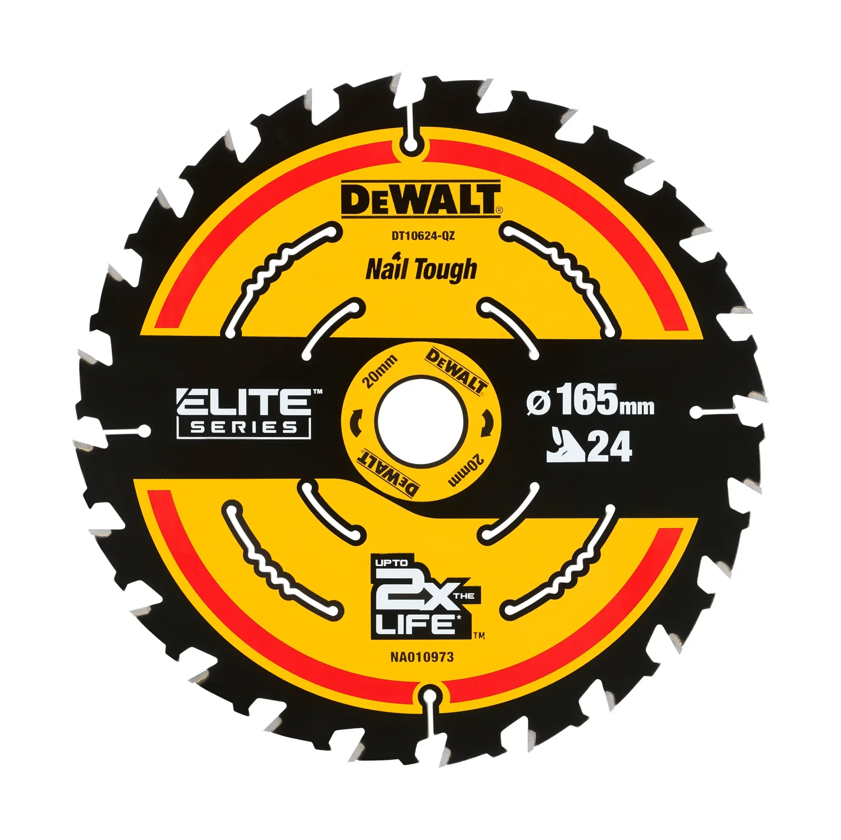 DEWALT Elite Series 165mm 24-tooth circular saw blade for tough nails, yellow and black design.