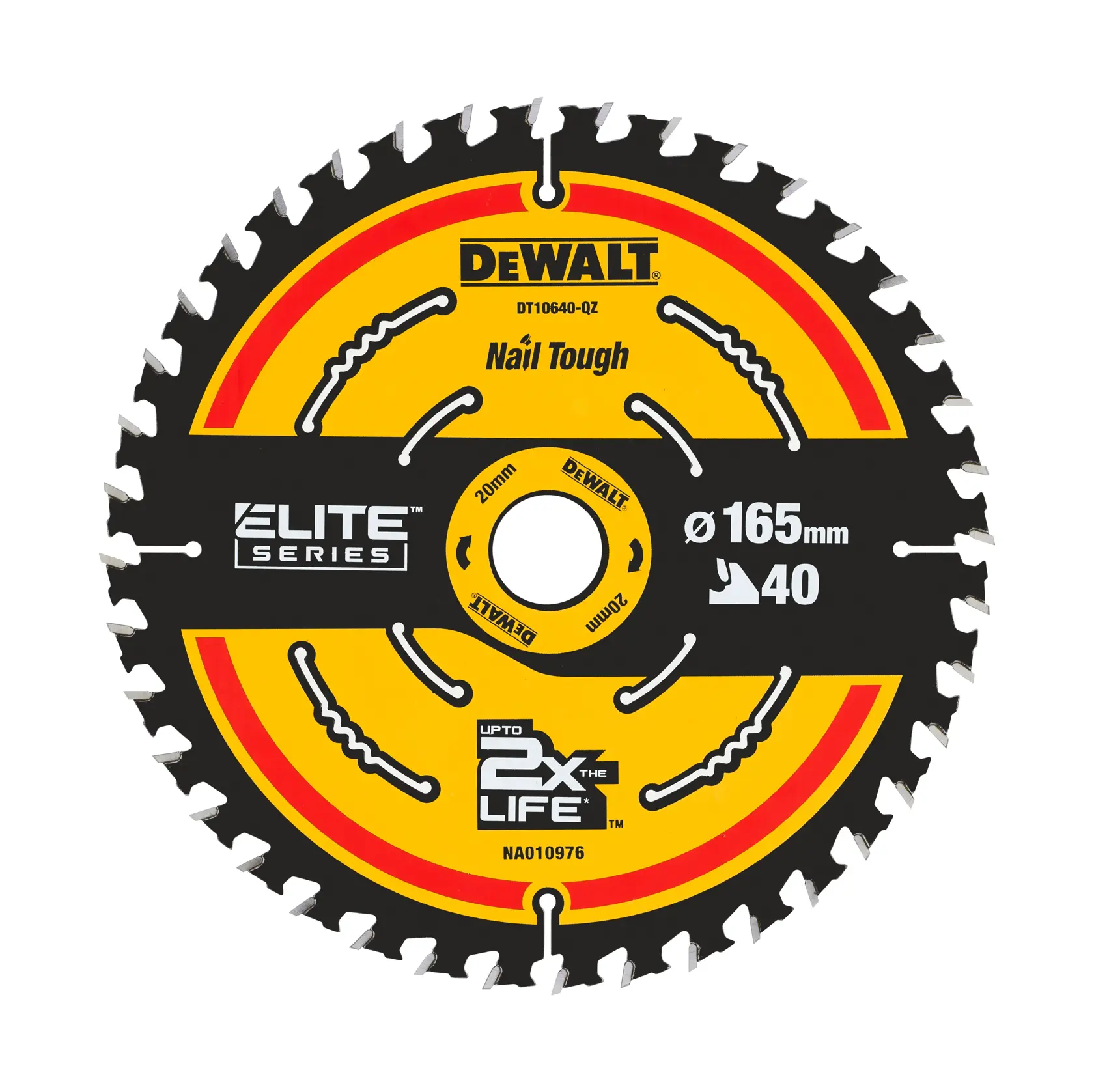 DEWALT saw blade, Elite Series, 165mm, 40T. SKUs: DT10640, DT10640-QZ. Photography category product.