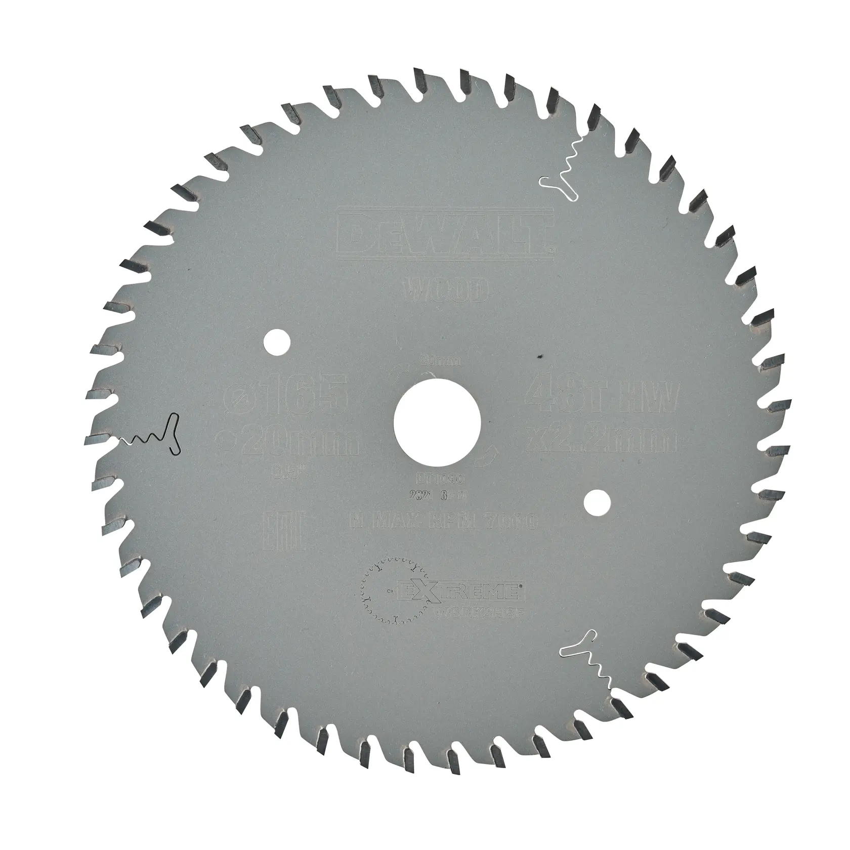 DEWALT DT1090 circular saw blade for wood, silver color, with multiple teeth and center hole.