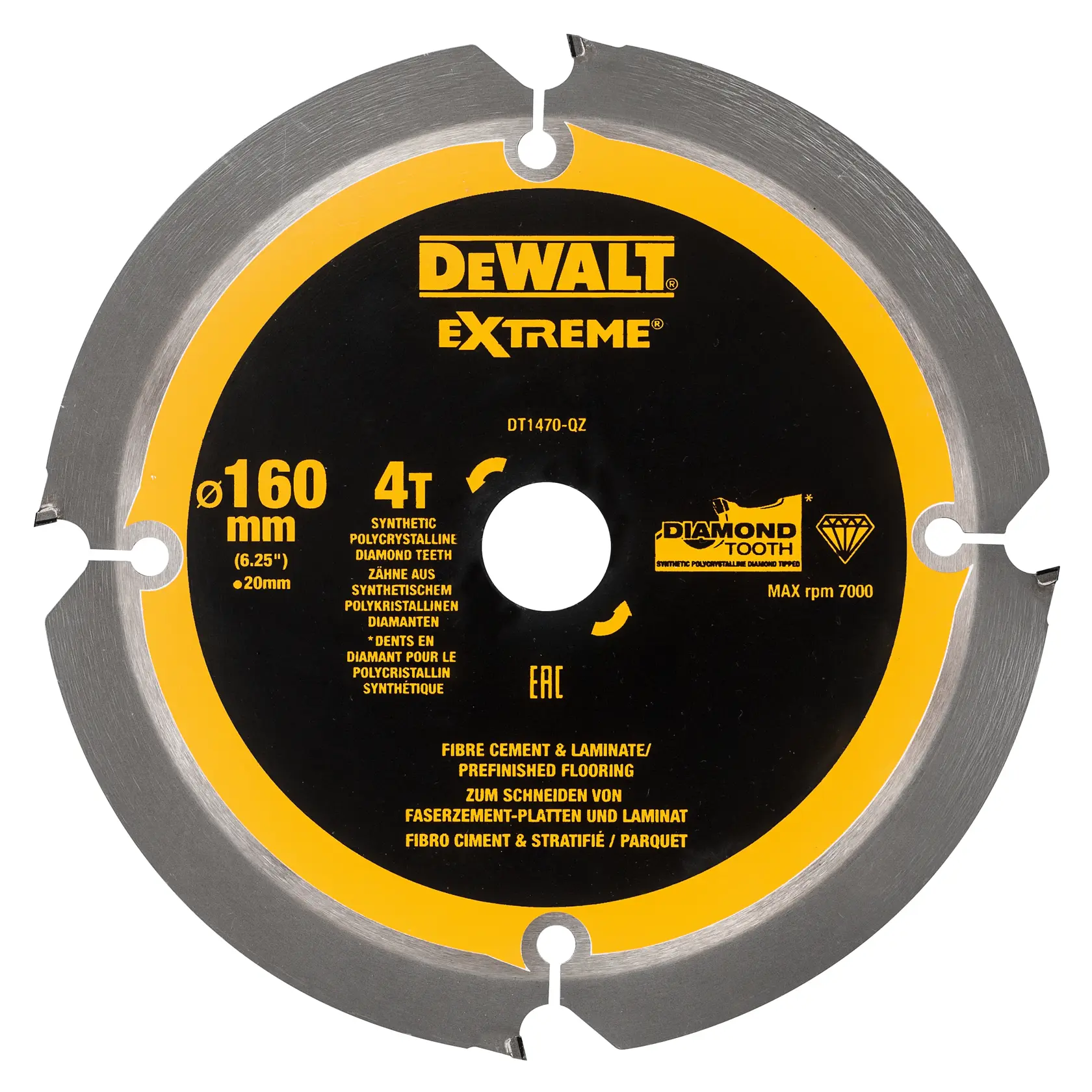 DEWALT DT1470 saw blade, 160mm, 4T diamond teeth, for cutting fibre cement and laminate flooring.